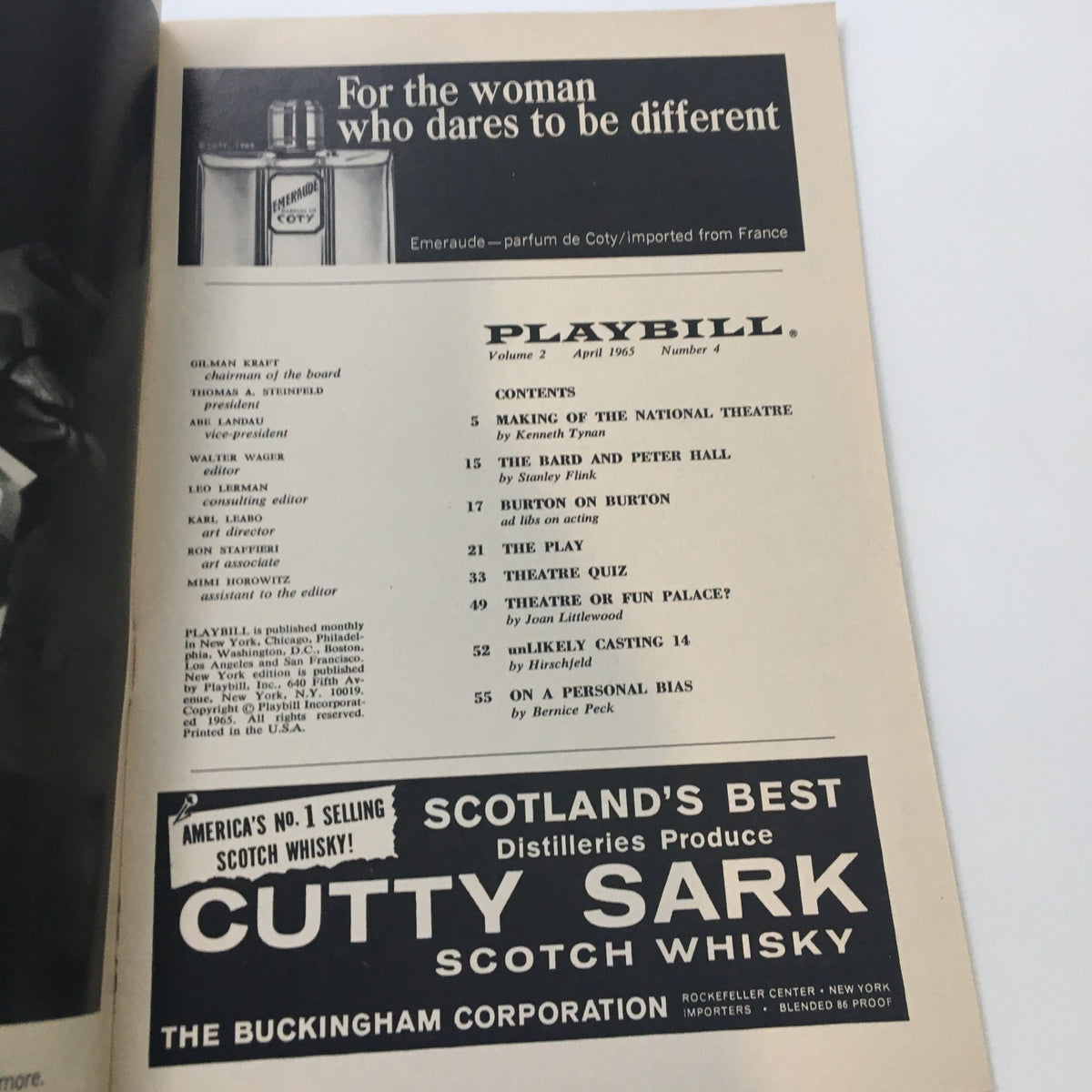1965 Playbill for Catch Me If You Can at The Morosco Theatre, featuring an advertisement for Cutty Sark Scotch Whisky and detailing the contents of the program.