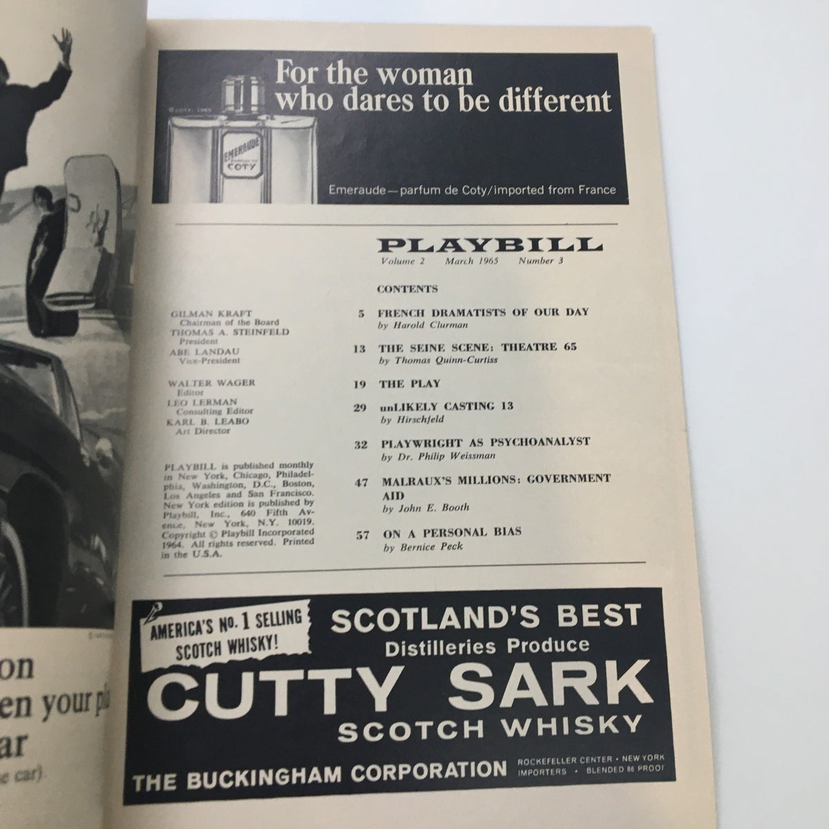 Inside page of the 1965 Playbill for 'Fade Out - Fade In' including contents and an advertisement for Cutty Sark Scotch Whisky.