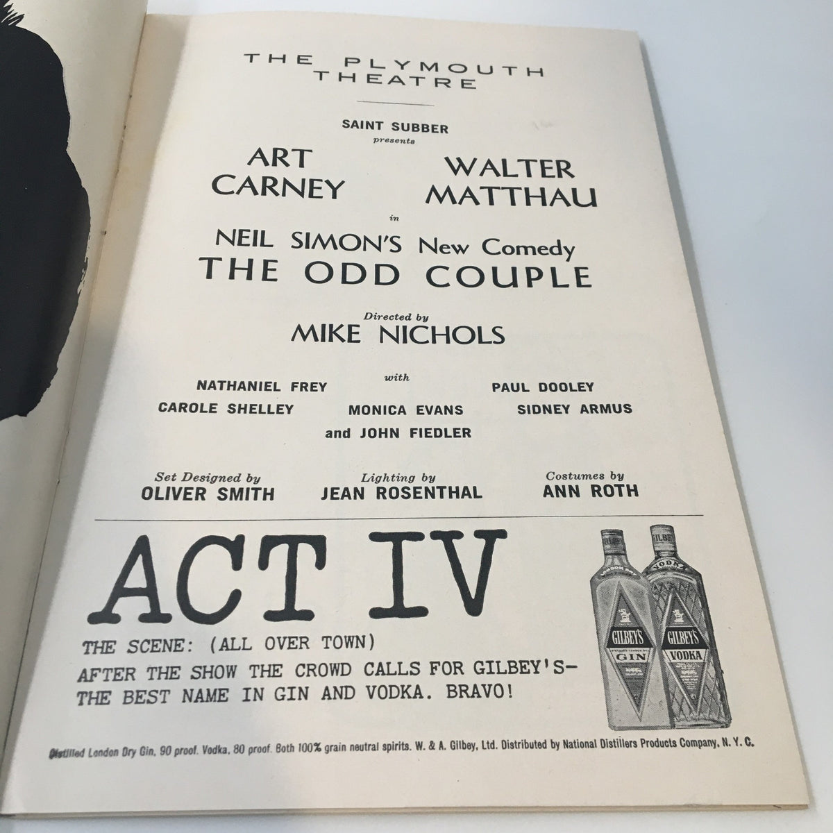 Another interior page of the 1965 Playbill for The Odd Couple, displaying cast and crew information, directed by Mike Nichols, from The Plymouth Theatre.