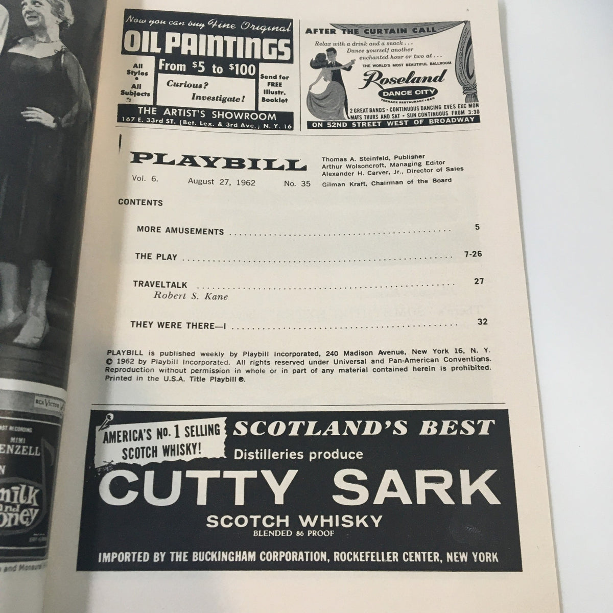 Interior page of the 1962 Playbill for 'A Shot In The Dark', displaying advertisements and content table.