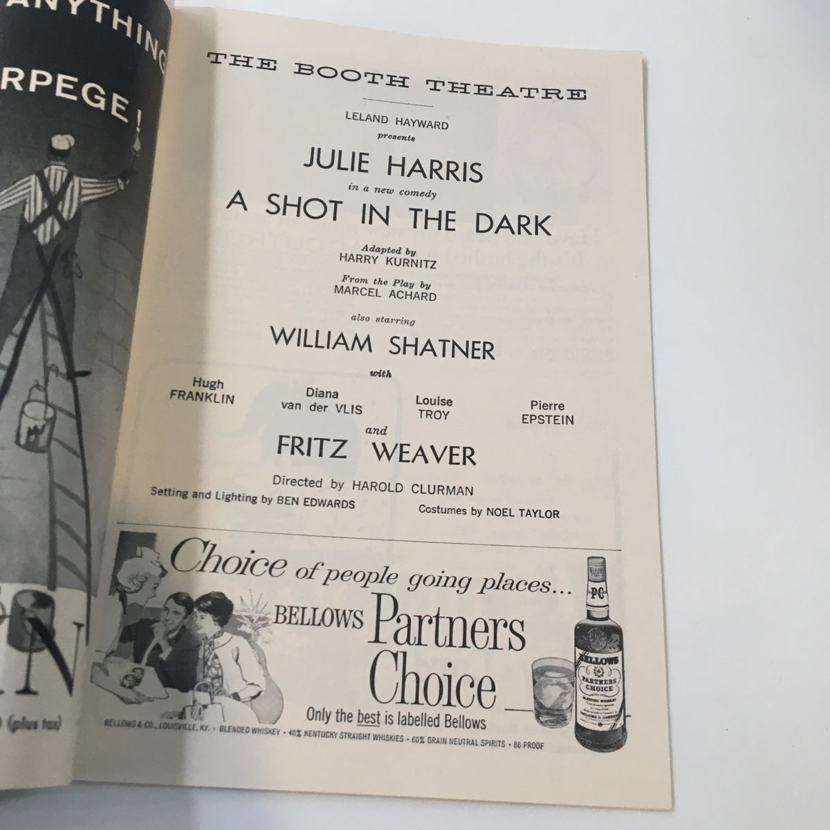Interior page of the 1962 Playbill for 'A Shot In The Dark', featuring cast details and production notes.