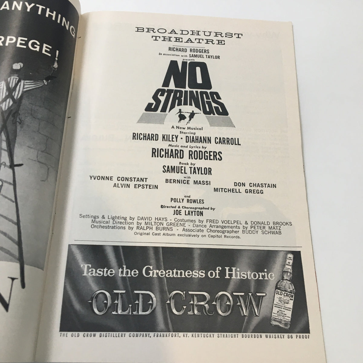 Another interior page of the 1963 Playbill from Broadhurst Theatre highlighting the 'No Strings' musical, directed by Joe Layton, along with sponsorship information.