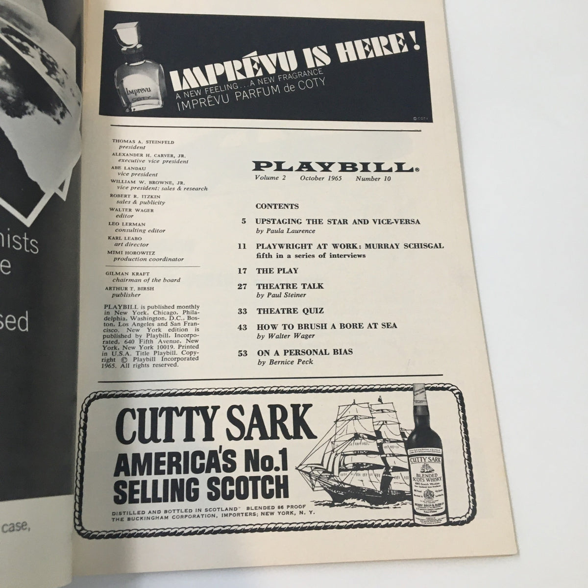 Inside page of the 1965 Playbill for The Subject Was Roses, showcasing the program details and features of the theater, including advertisements and a list of upcoming performances.