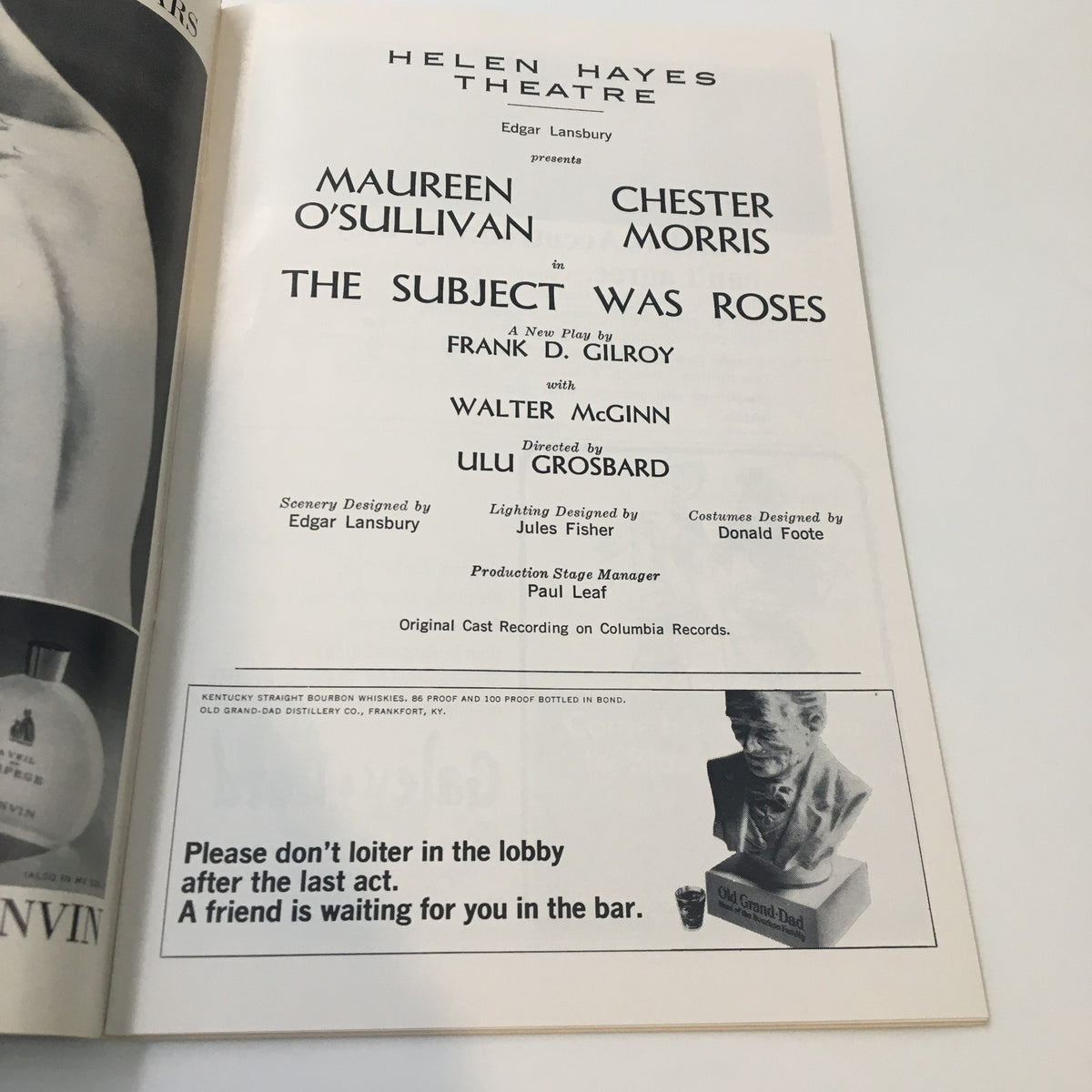 1965 Playbill for The Subject Was Roses showcasing the cast and crew details, including Maureen O'Sullivan, Chester Morris, and Ulu Grosbard's direction, featured at the Helen Hayes Theatre.