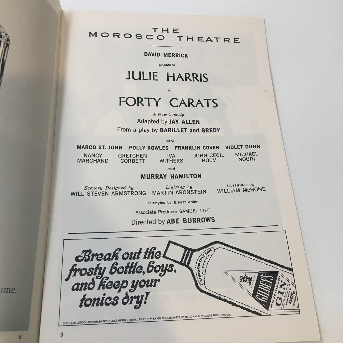 1969 Playbill from Morosco Theatre featuring Julie Harris in Forty Carats by Abe Burrows, showcasing cast details and production credits.