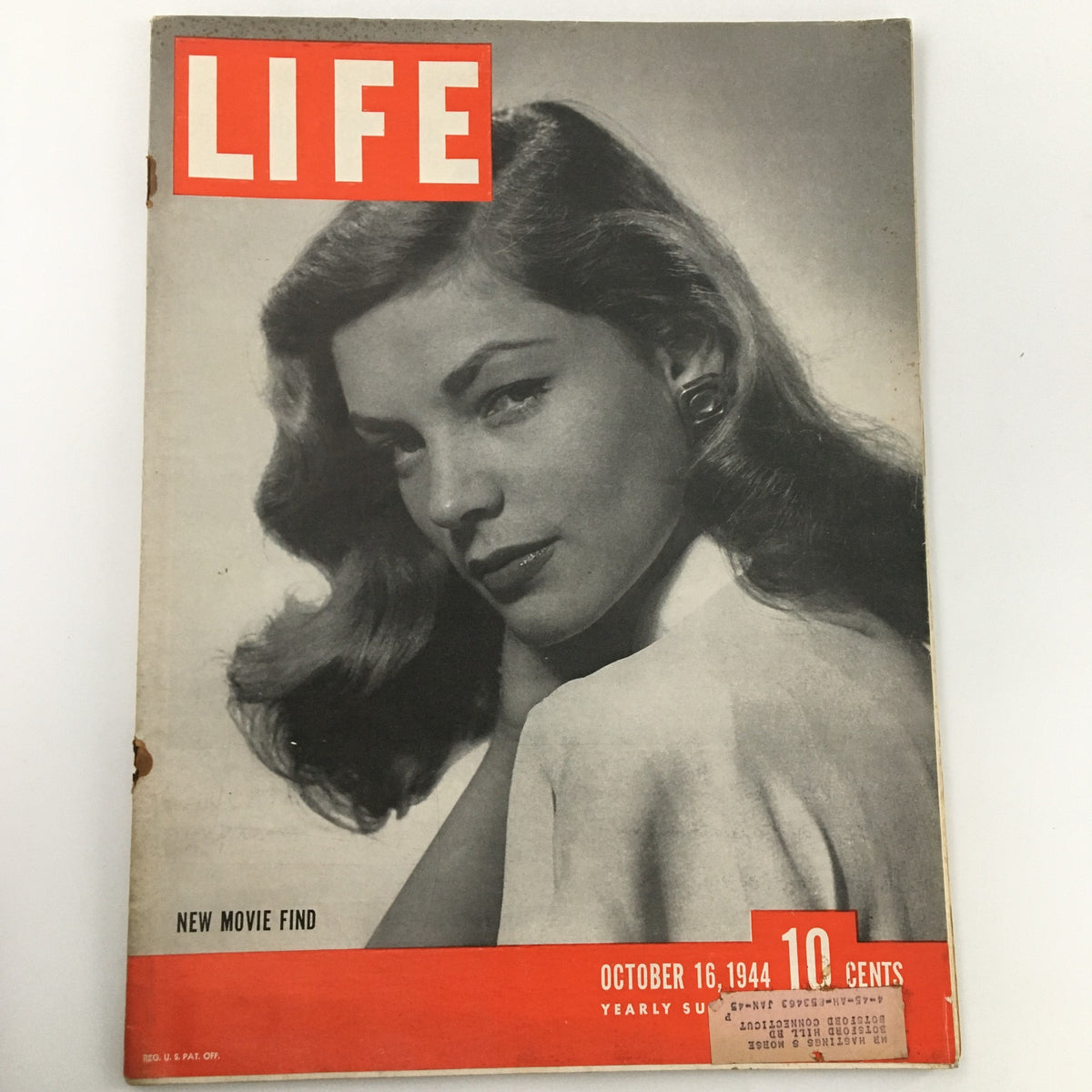 VTG Life Magazine October 16 1944 featuring Lauren Bacall on the cover, showcasing a classic Hollywood icon with glamorous style.