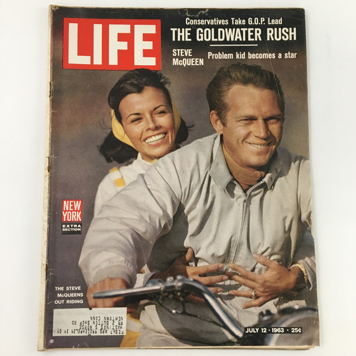 Vintage Life Magazine from July 12, 1963 featuring Steve McQueen on the cover, highlighting the Goldwater Rush political feature and showcasing 1960s American culture.