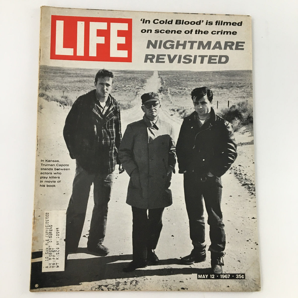 Vintage Life Magazine from May 12, 1967, featuring 'In Cold Blood' filming scene, showcasing actors portraying killers and Truman Capote, reflecting cultural history and literary significance.