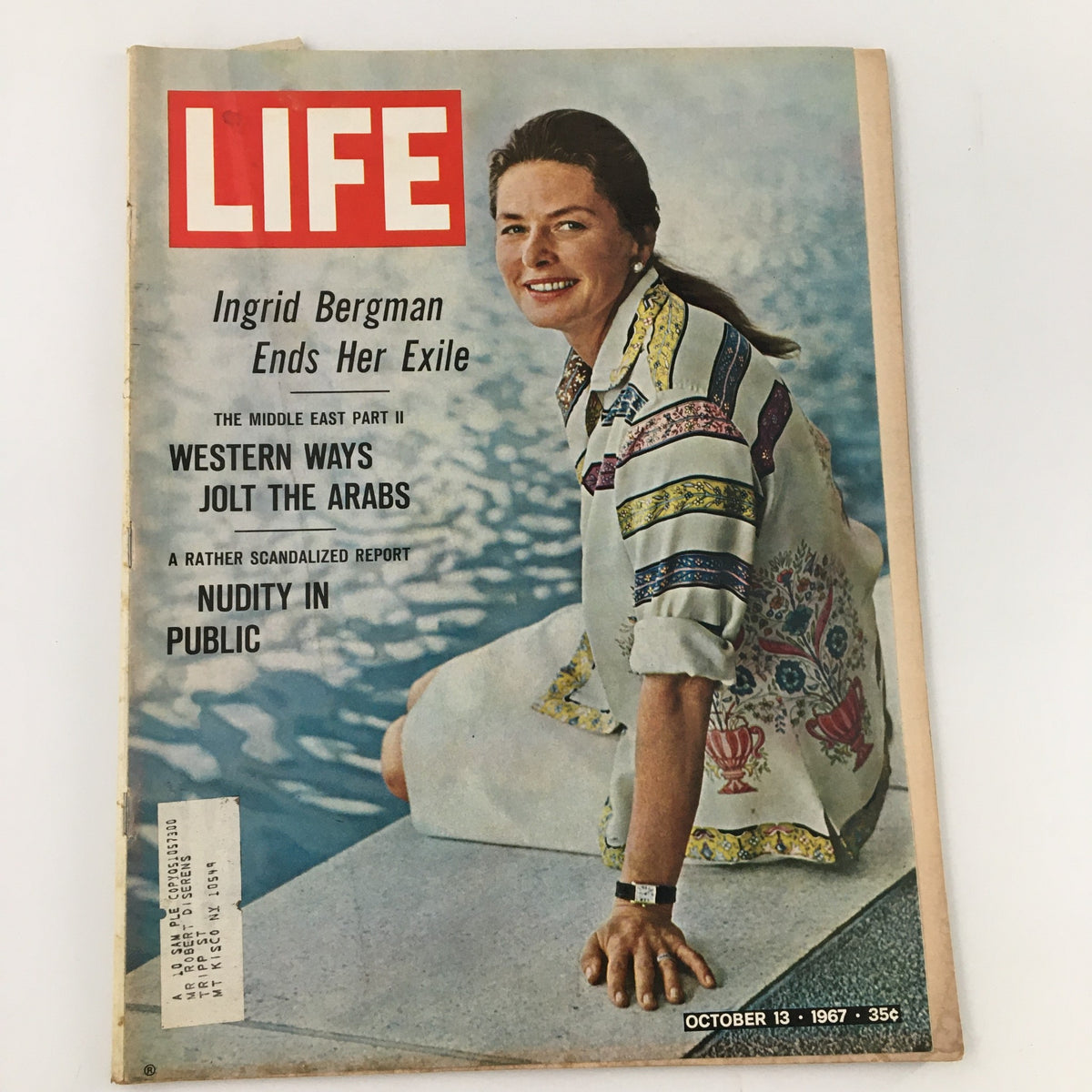 Vintage Life Magazine from October 13, 1967, featuring Ingrid Bergman on the cover. The cover displays a smiling Bergman sitting by water, dressed in a colorful blouse, with headlines discussing her exile, the Middle East, and controversial topics like nudity in public.