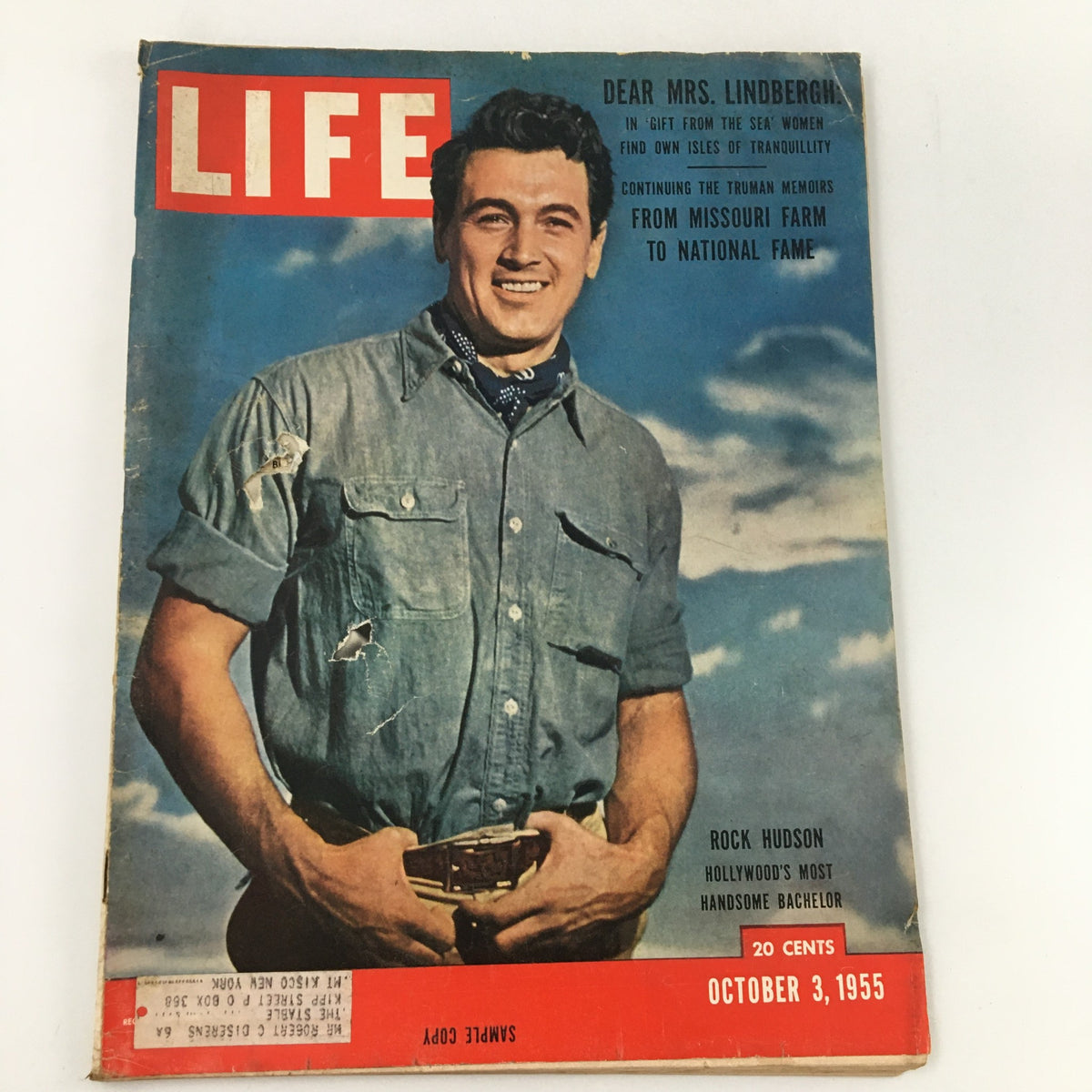 VTG Life Magazine October 3 1955 featuring Rock Hudson, Hollywood's Most Handsome Bachelor, showcasing vintage magazine cover art with minor wear and address label.
