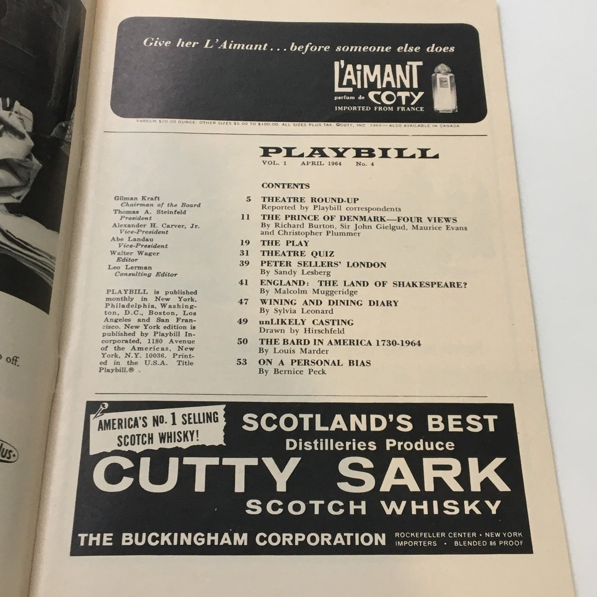 Interior page of the 1964 Playbill for The Music Box, featuring contents and advertisements including L'Aimant and Cutty Sark whisky.