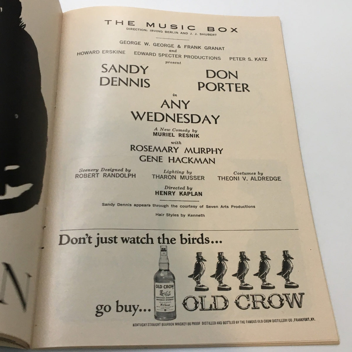 Production credits page of the 1964 Playbill for The Music Box for Any Wednesday featuring Sandy Dennis and Don Porter, including cast and crew details.