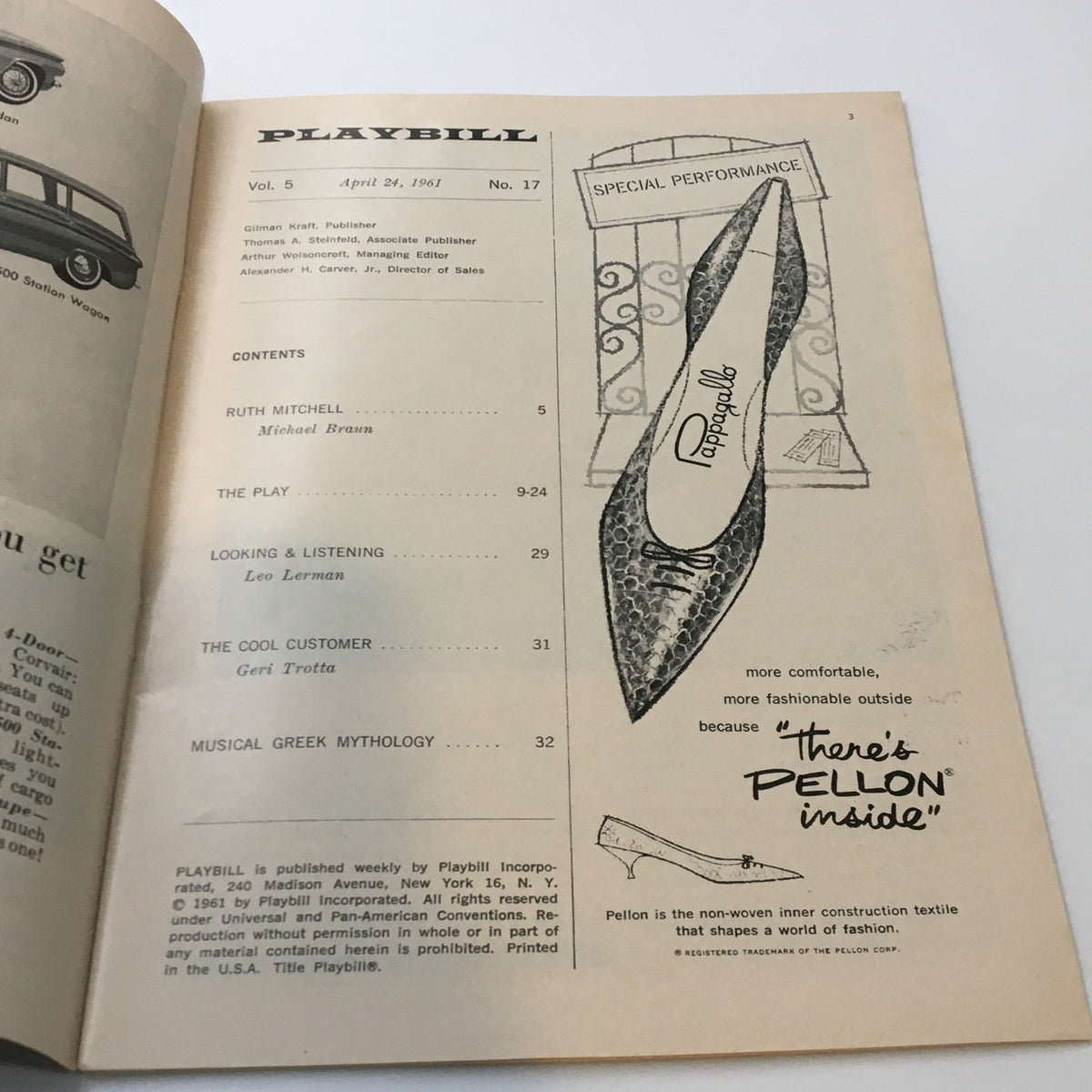 Inside page of the 1961 Playbill for 'Irma La Douce' displaying advertisements and special performance notes.