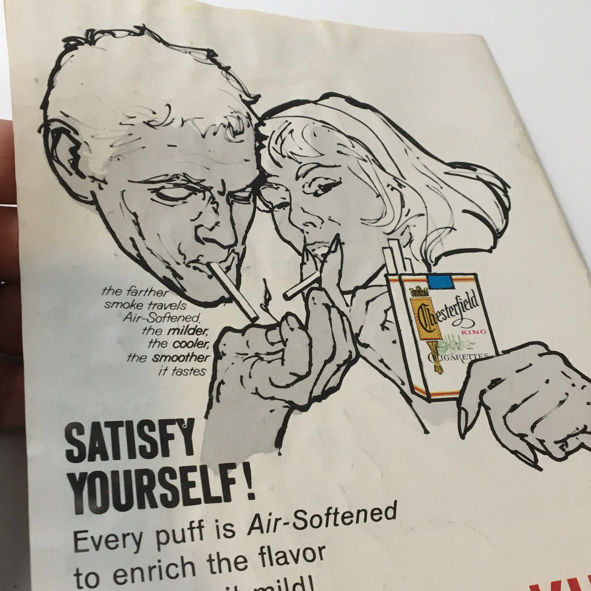 Vintage advertisement illustration from the 1961 Playbill for 'Irma La Douce', promoting Chesterfield cigarettes.