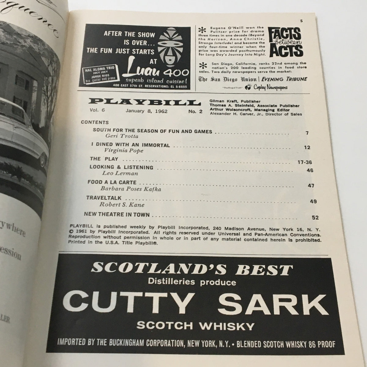 Inside page of the 1962 Playbill from the Imperial Theatre, detailing the contents and performances for the January 8, 1962 show of Carnival.