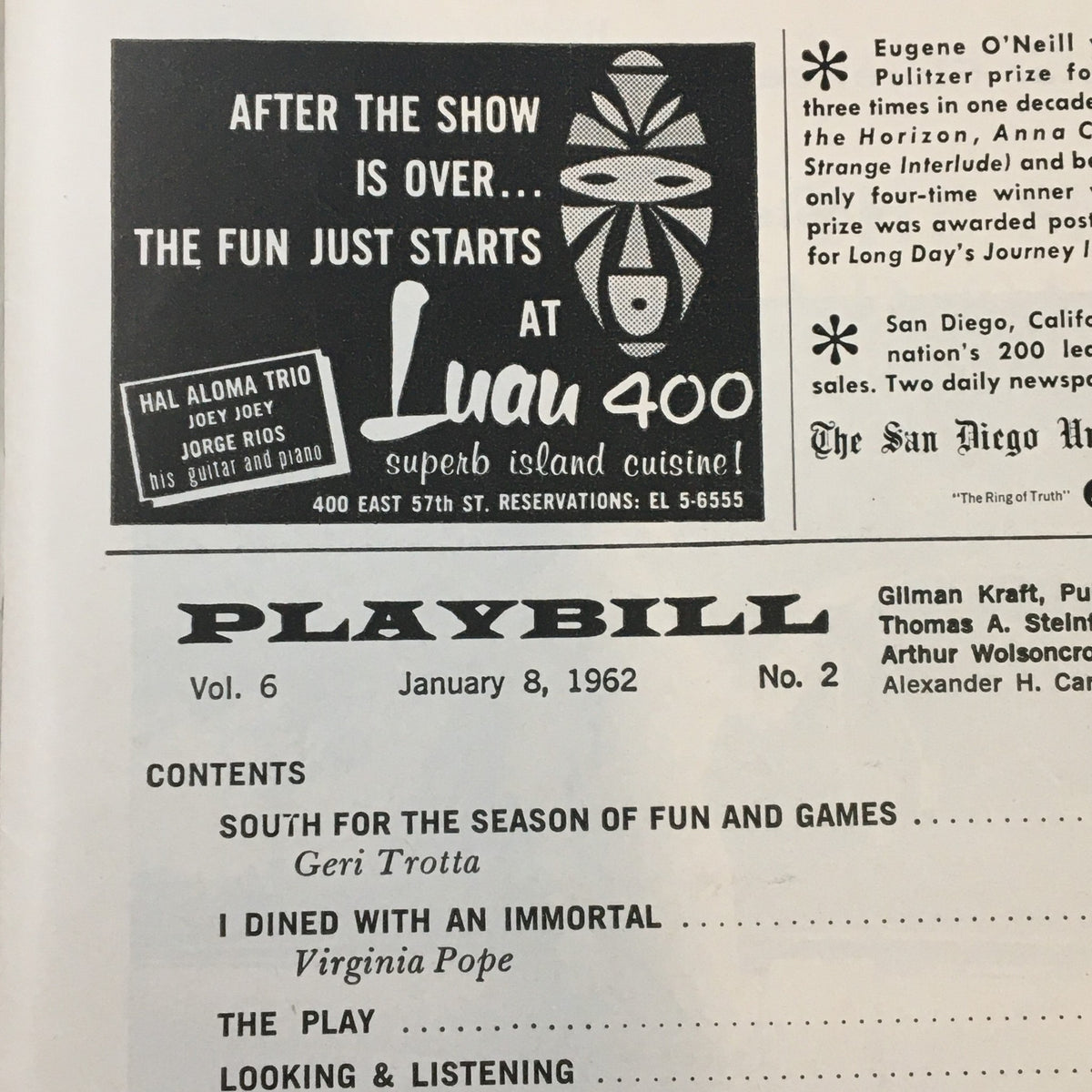 Another inside page of the 1962 Playbill from Imperial Theatre, highlighting the ongoing performances and details about the play Carnival.