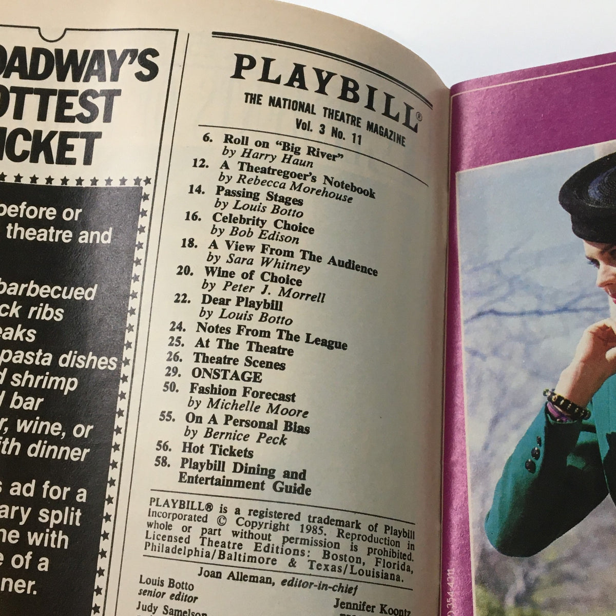 Interior page of the 1985 Playbill for Neil Simon's The Odd Couple, featuring the national theatre magazine layout and contents.