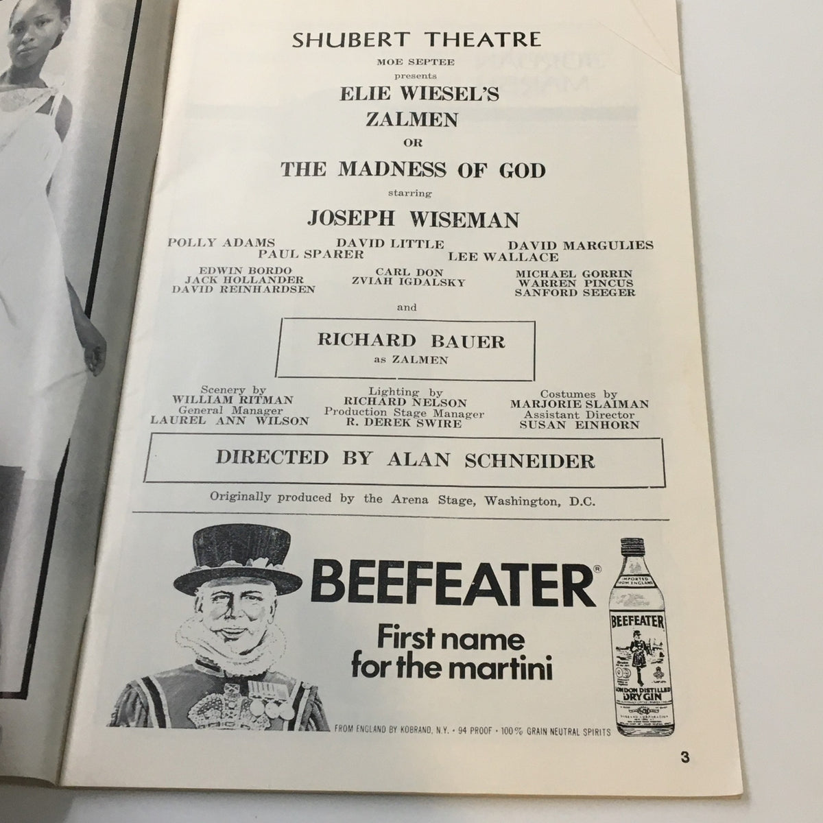 Inside page of the 1976 Playbill for Elie Wiesel's Zalmen or The Madness of God at Shubert Theatre, listing the cast and production details.