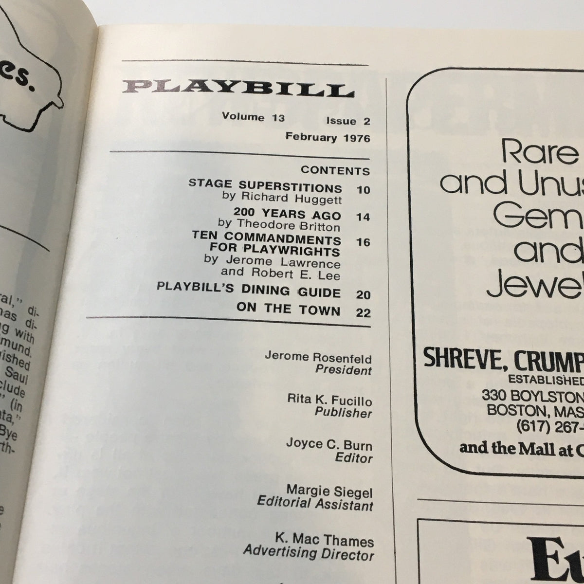 Contents page of the February 1976 Playbill, featuring title, volume information, and advertising for the production of Elie Wiesel's Zalmen or The Madness of God.