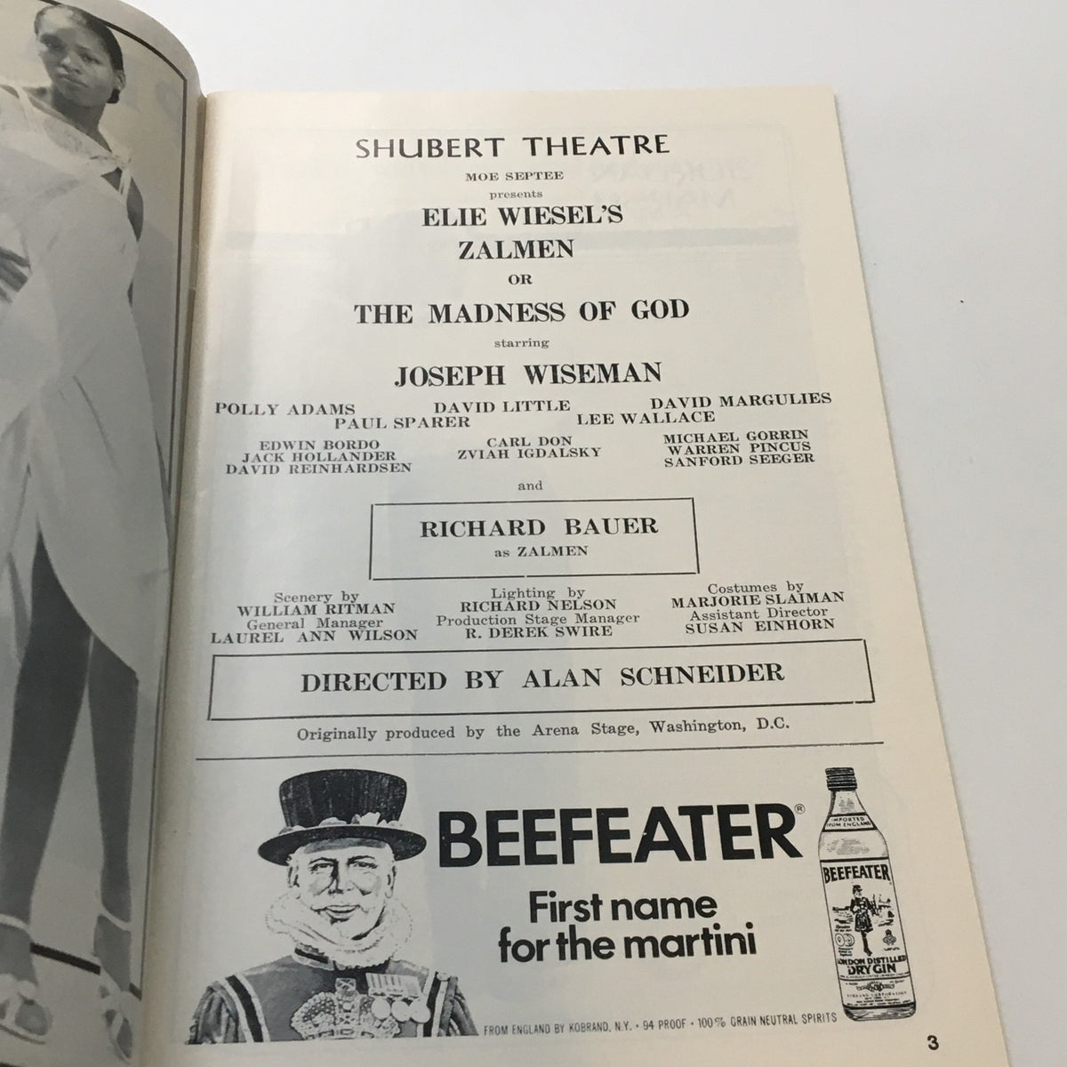 Inside view of the 1976 Playbill from Shubert Theatre for Zalmen or The Madness of God by Joseph Wiseman, featuring cast details and creative team information.