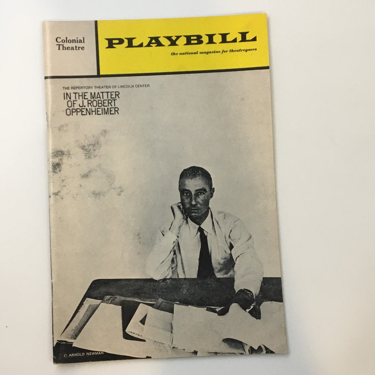 1969 Playbill titled 'In The Matter of J. Robert Oppenheimer' from The Colonial Theatre, featuring a black and white image of a man seated at a table with papers in front of him.