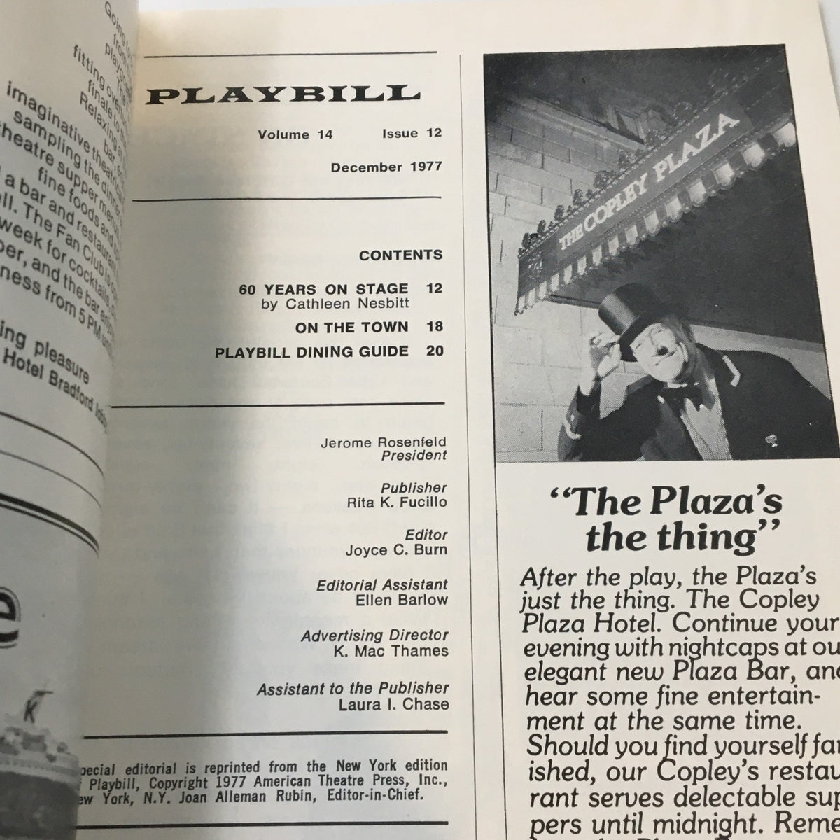 Interior page of the 1977 Playbill for 'A Chorus Line,' highlighting editorial details and a photograph, emphasizing the historical significance of Broadway.