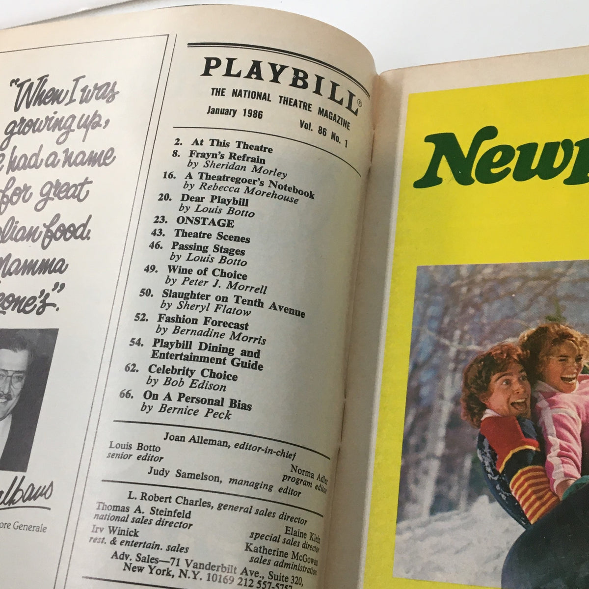 Interior page of the 1986 Playbill from St. James Theatre, showcasing listings from January 1986, including 'Jerry's Girls'. The image captures vintage theatre magazine elements and promotional content related to Broadway shows.