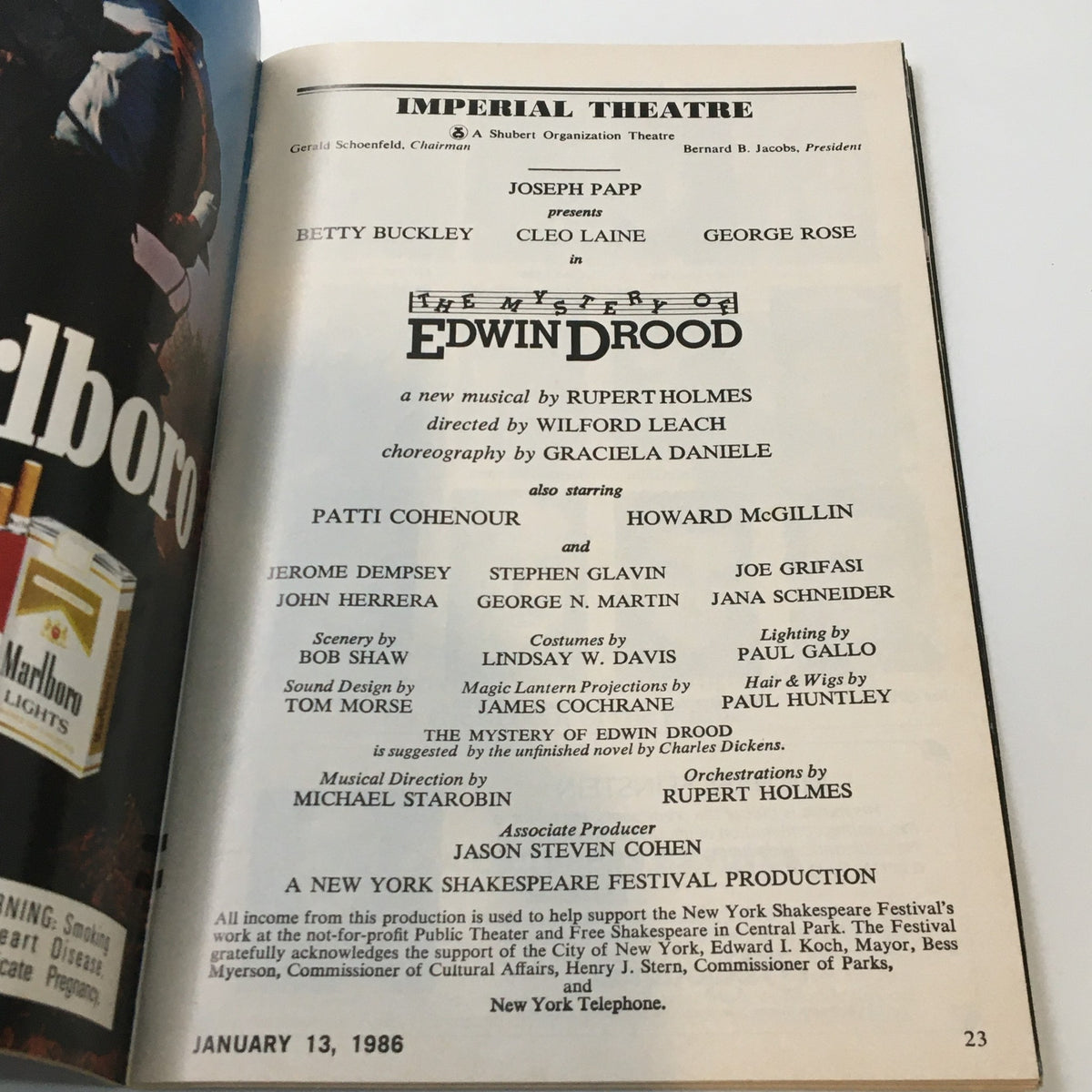 Another inside page of the 1986 Playbill for The Mystery of Edwin Drood, highlighting the cast and creative team details.