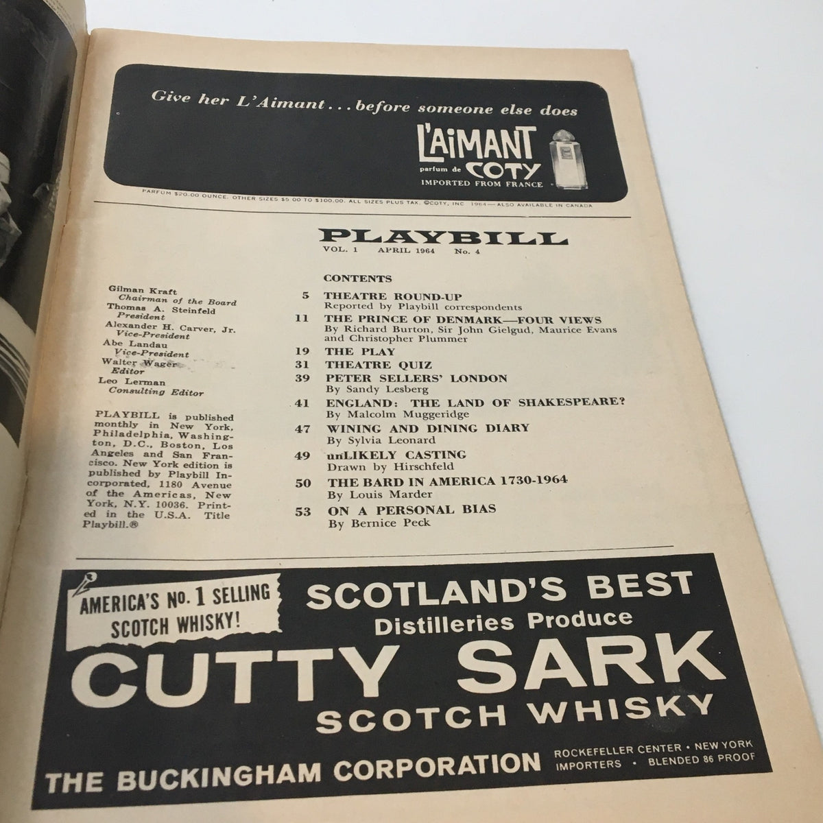 Interior view of the 1964 Playbill for 'Anyone Can Whistle', displaying the table of contents and advertisements, reflecting the cultural trends of the 1960s.