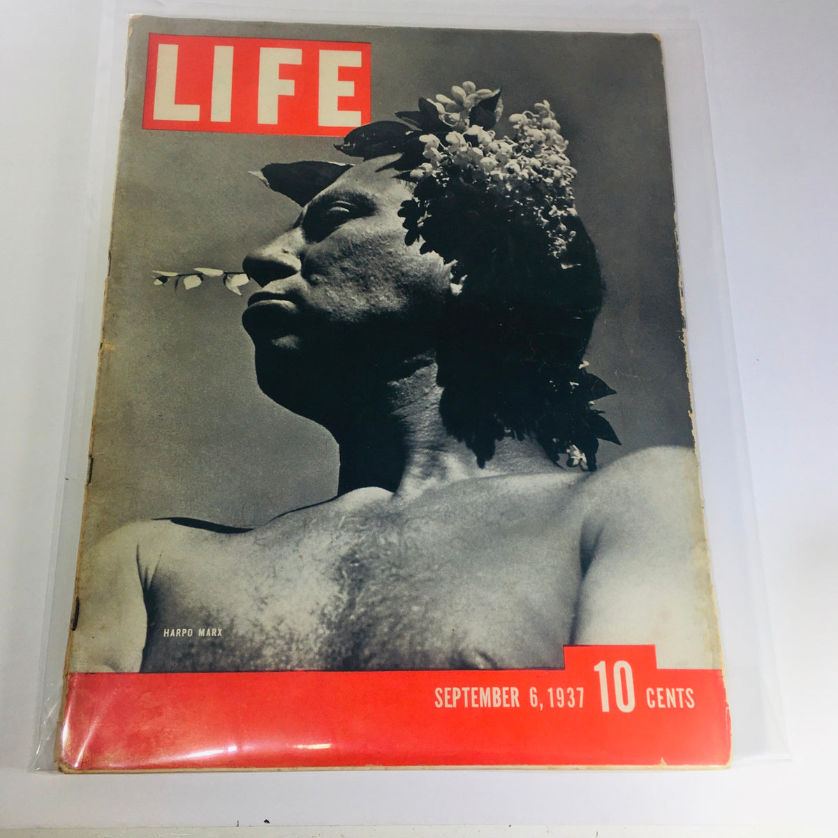 Vintage Life Magazine cover from September 6, 1937 featuring Harpo Marx, showcasing a unique black and white photograph with striking contrasts and artistic composition.