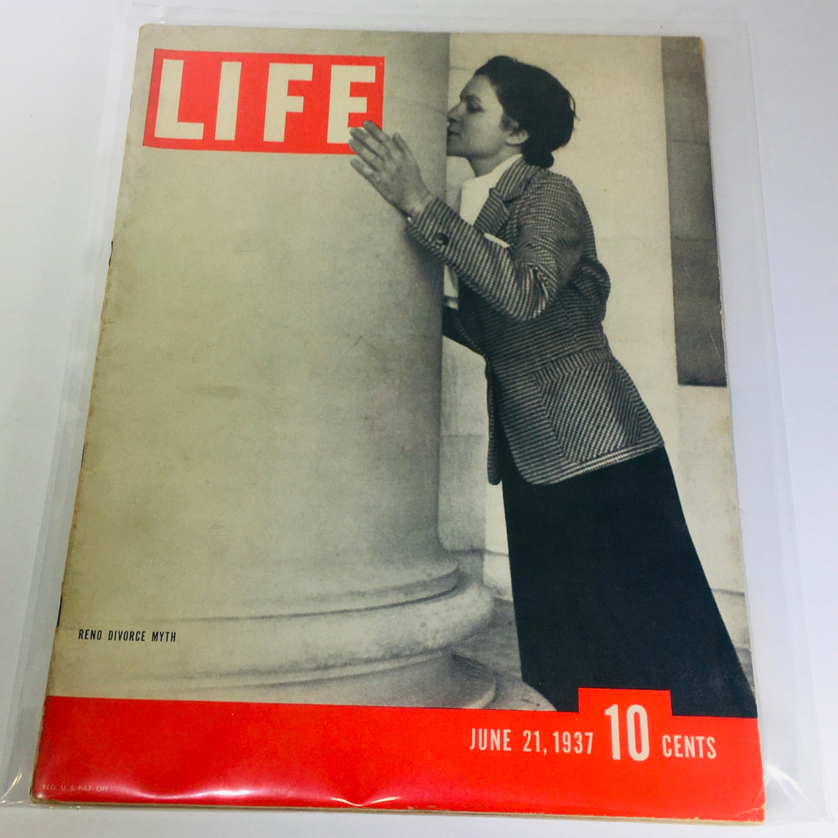 Vintage Life Magazine cover from June 21, 1937 featuring an article on the 'Rend Divorce Myth'. The cover shows a woman in a striped blazer leaning against a column, reflecting the vintage style and societal norms of the late 1930s.