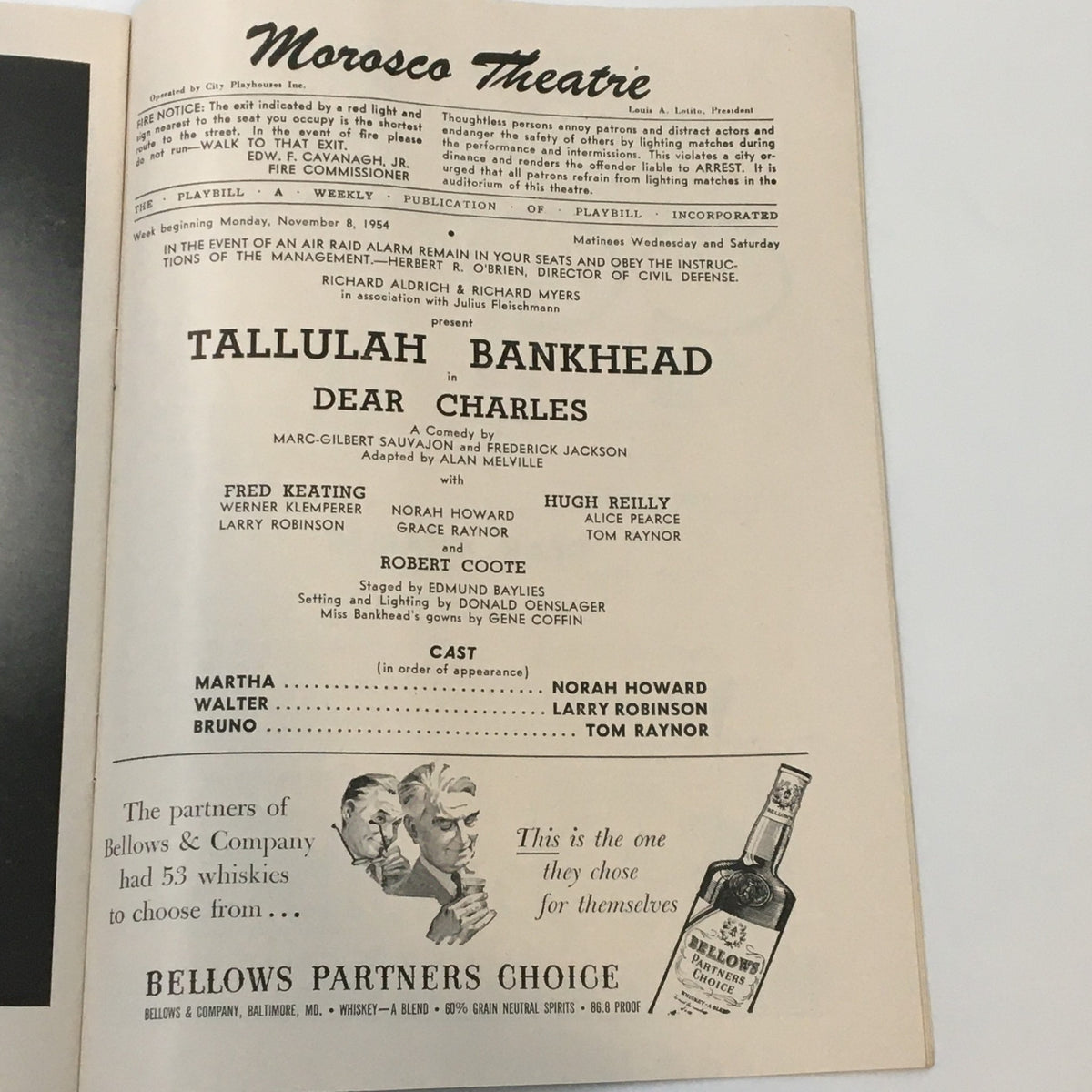 Interior page of the 1954 Playbill from the Morosco Theatre detailing the cast and production information for Dear Charles, featuring Tallulah Bankhead.