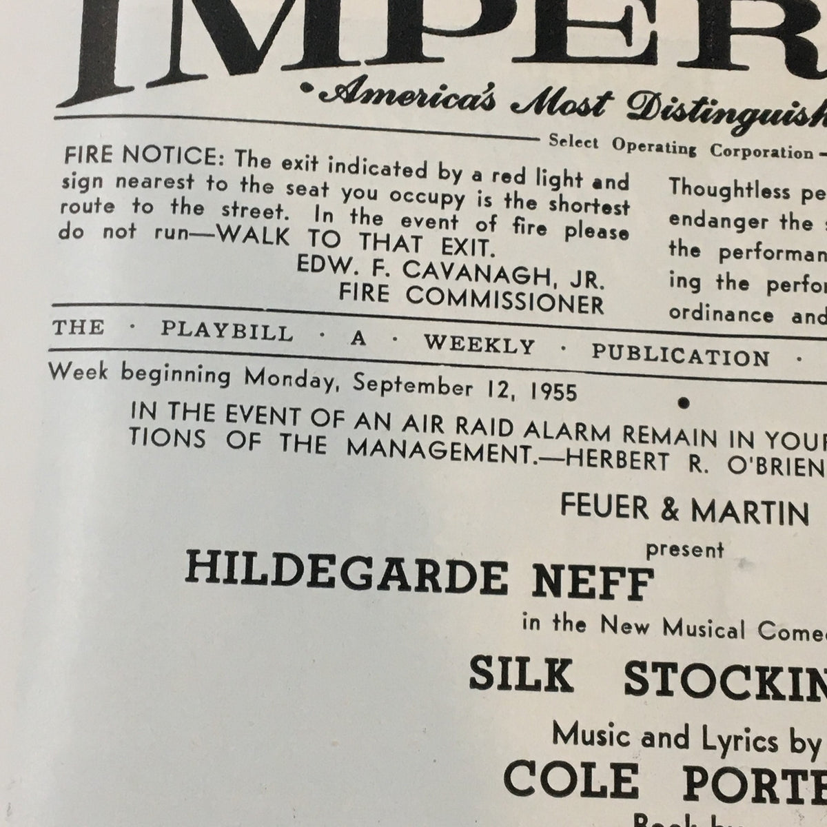 1955 Playbill for Silk Stockings at the Imperial Theatre, featuring Hildegarde Neff, highlighting Broadway history with details from the performance week beginning September 12, 1955.