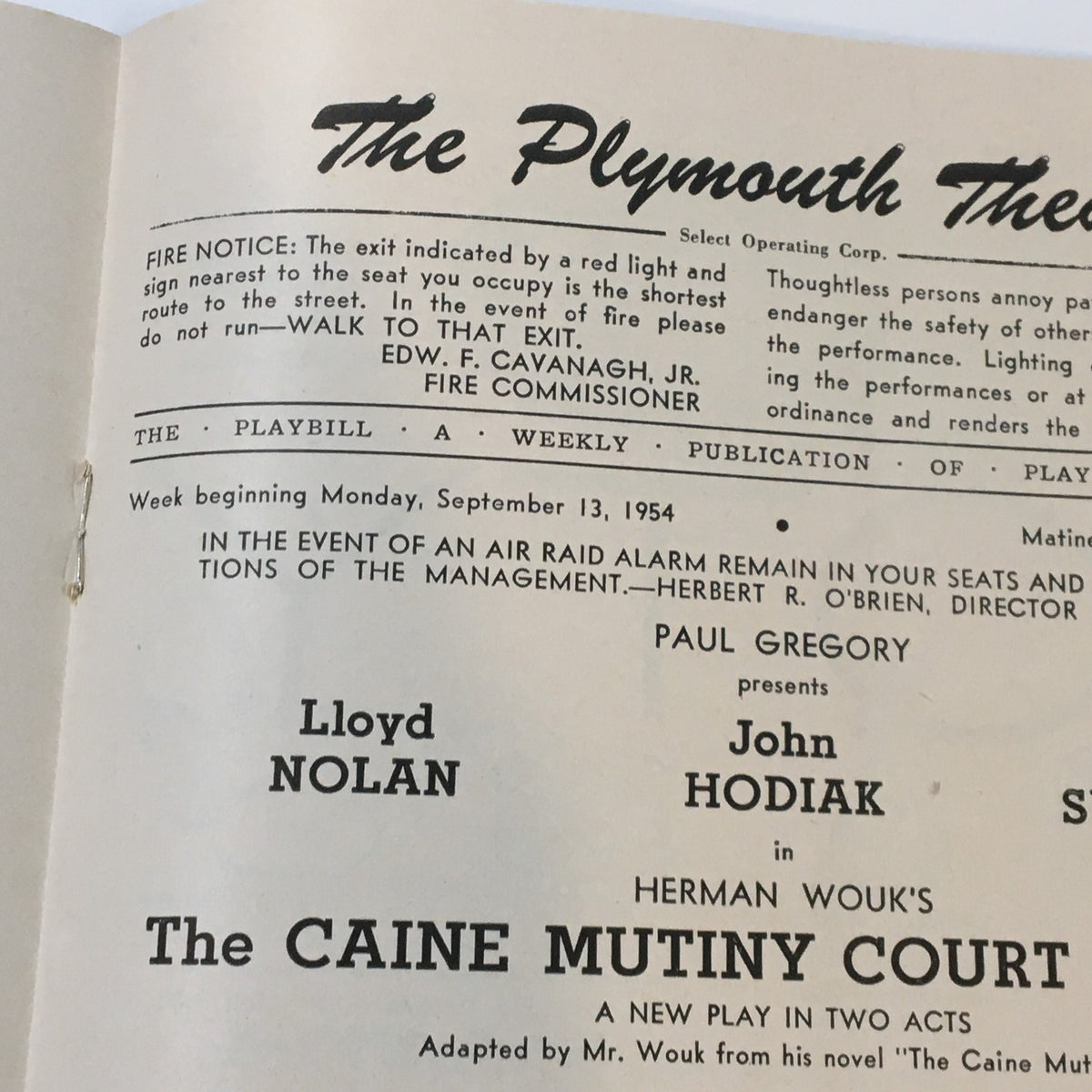 Close-up of the interior page of the 1954 Playbill for The Plymouth Theatre, highlighting the opening week and cast of Herman Wouk's The Caine Mutiny Court Martial.