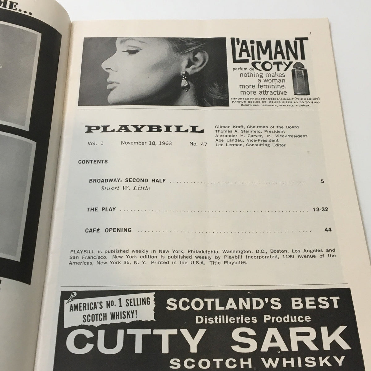 Inside page of the 1963 Playbill from Longacre Theatre for 'A Case of Libel' featuring advertisements and contents for Broadway shows.