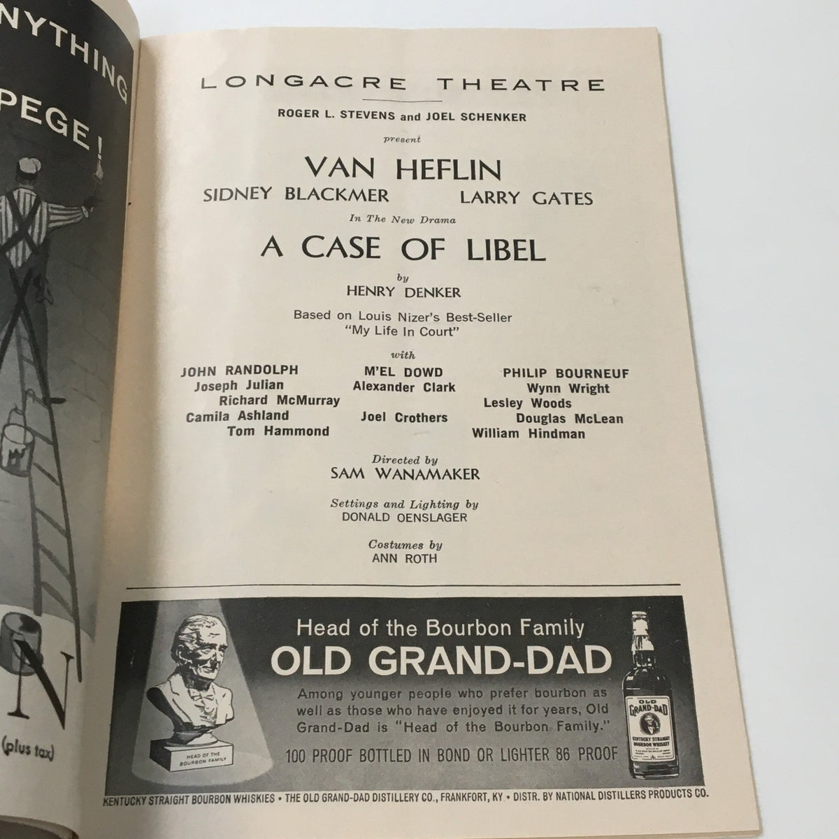 Interior page of the 1963 Playbill from Longacre Theatre featuring Van Helfin in 'A Case of Libel' by Henry Denker, showcasing cast and production details.