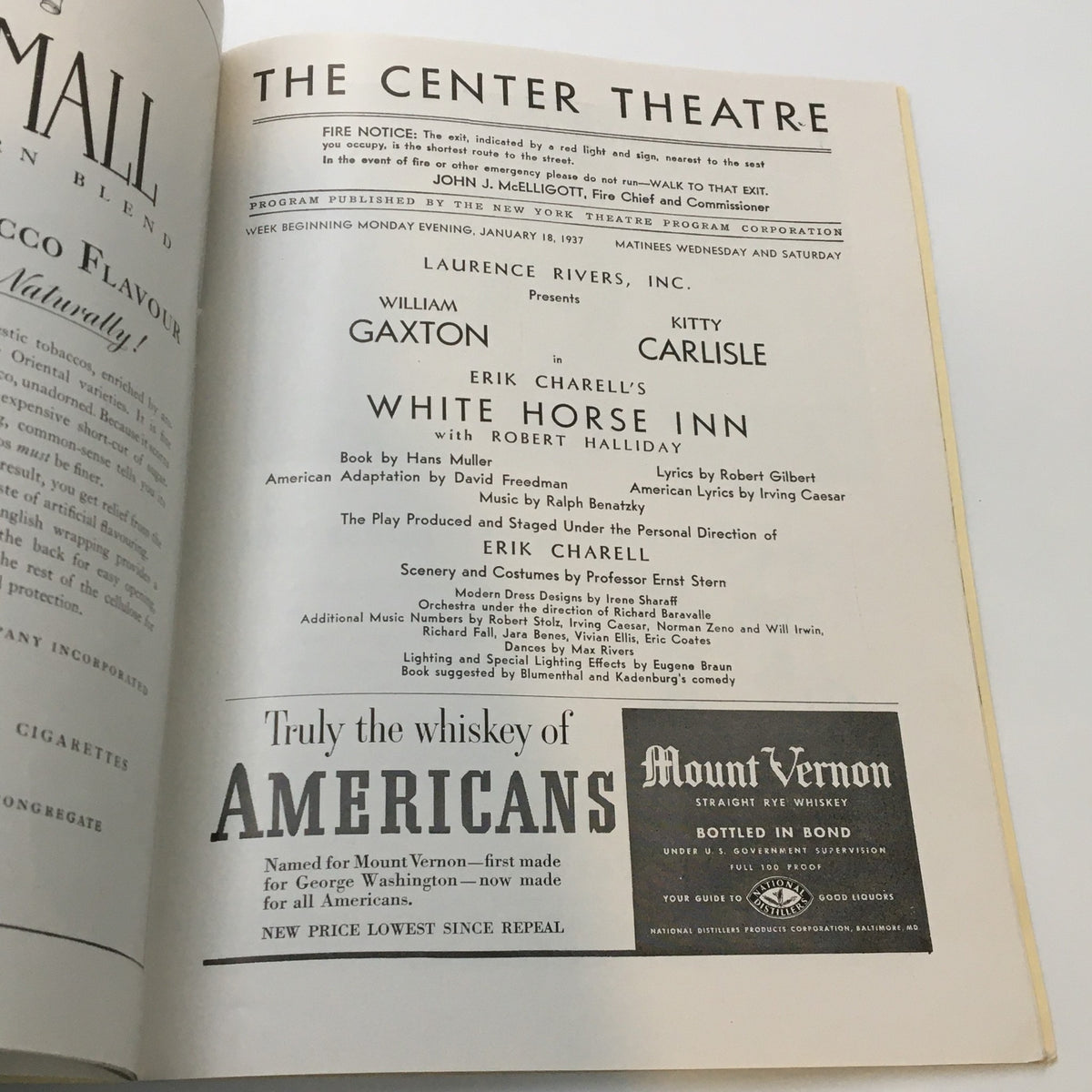 Interior page of the 1937 Playbill for The Center Theatre presenting Erik Carrell's White Horse Inn, detailing the cast and production credits in a classic vintage design.