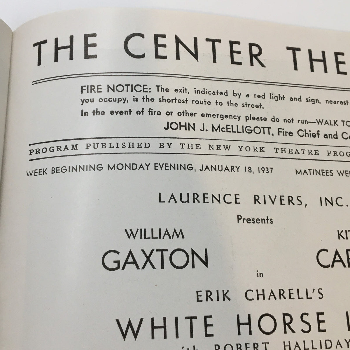 Another interior view of the 1937 Playbill for The Center Theatre featuring Erik Carrell's White Horse Inn, highlighting the production details and advertisements from the era.