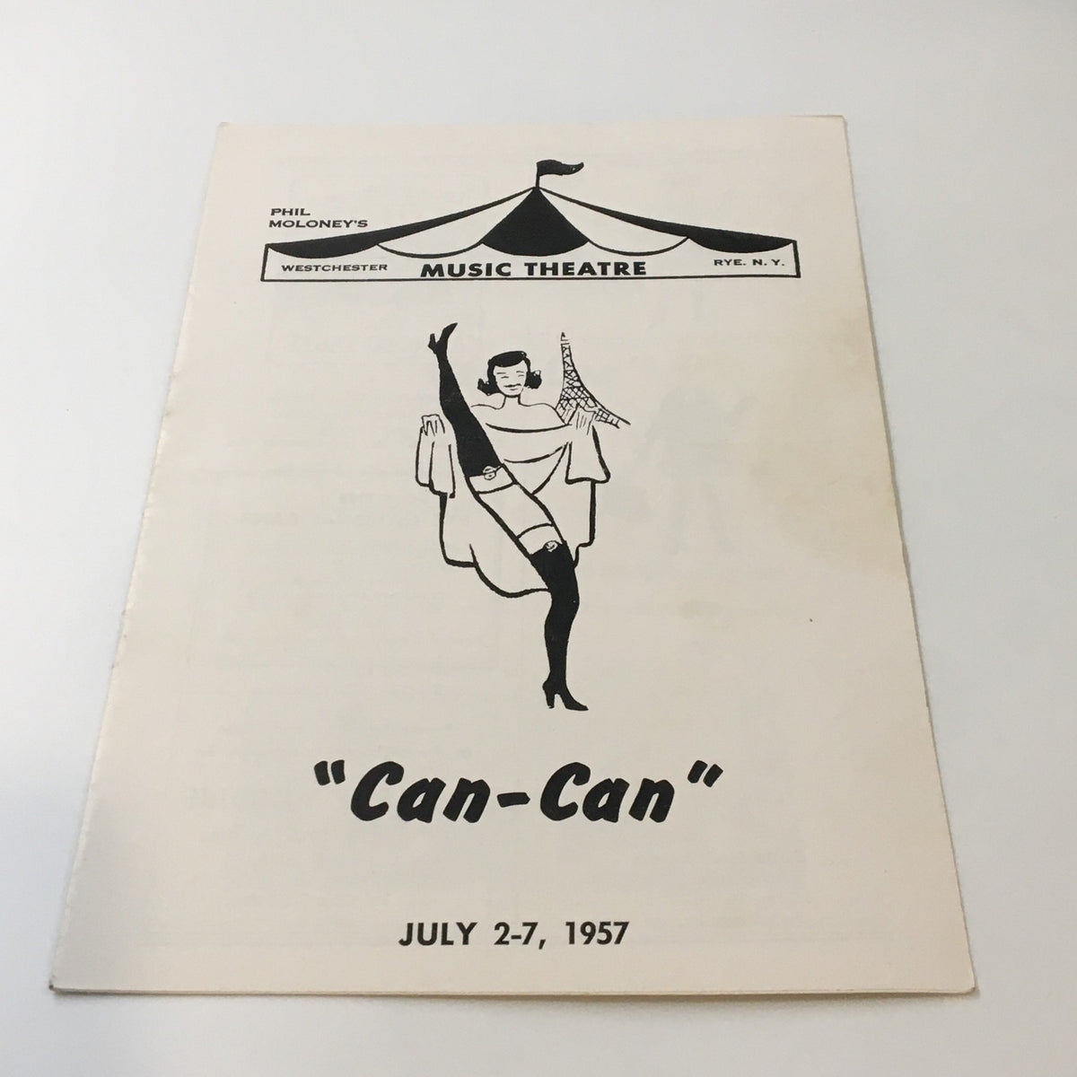 Cover of 1957 Phil Moloney's Music Theatre Can-Can by Bertram Yarborough featuring a dancer illustration and event details.