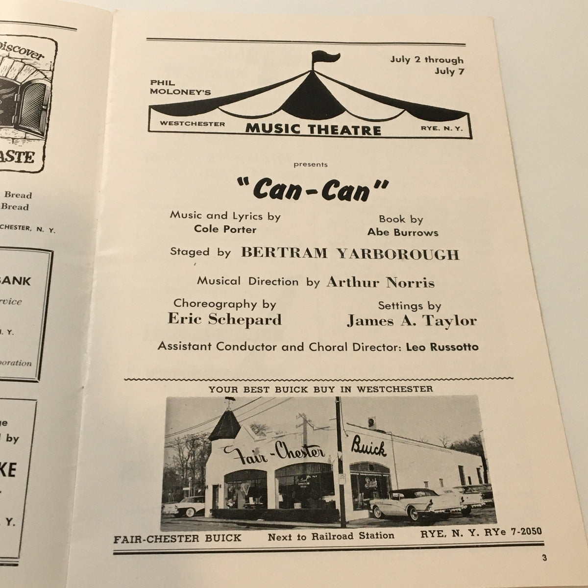 Page inside 1957 Phil Moloney's Music Theatre Can-Can by Bertram Yarborough, displaying production details including music and lyrics credits.