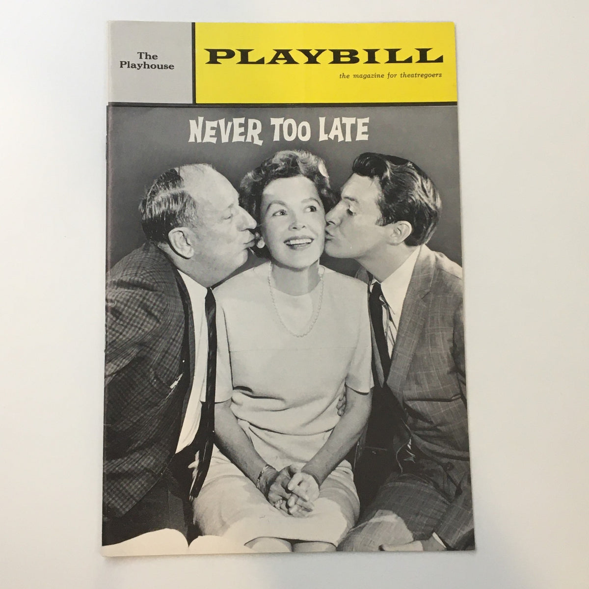 1963 Playbill for the play 'Never Too Late' featuring Paul Ford, showcasing a vintage theatrical scene with three actors posing, highlighting the charm of 1960s theater.