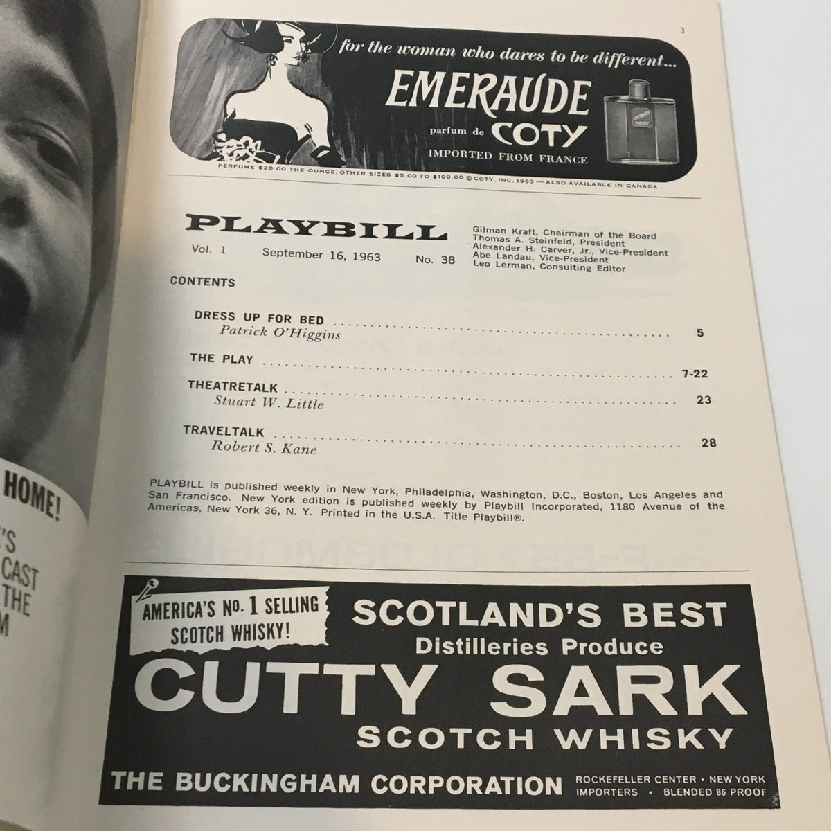 1963 Playbill featuring advertisements and contents page for the theatrical production 'Never Too Late' by Summer Arthur Long, showcasing details of 'The Play' and placements of brands.