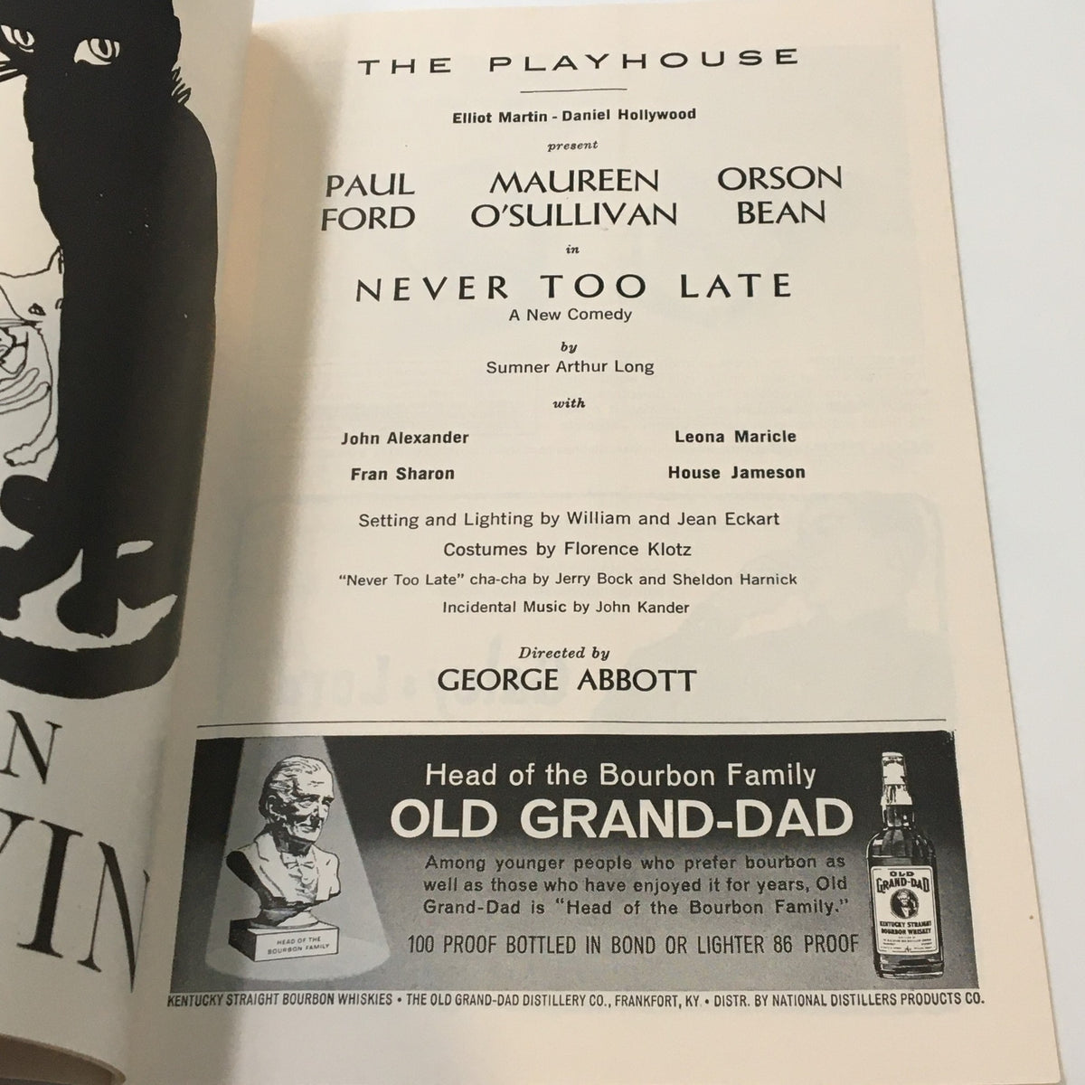 1963 Playbill from The Playhouse highlighting the cast of 'Never Too Late' by Summer Arthur Long, including notable actors Paul Ford and Maureen O'Sullivan, and directed by George Abbott.