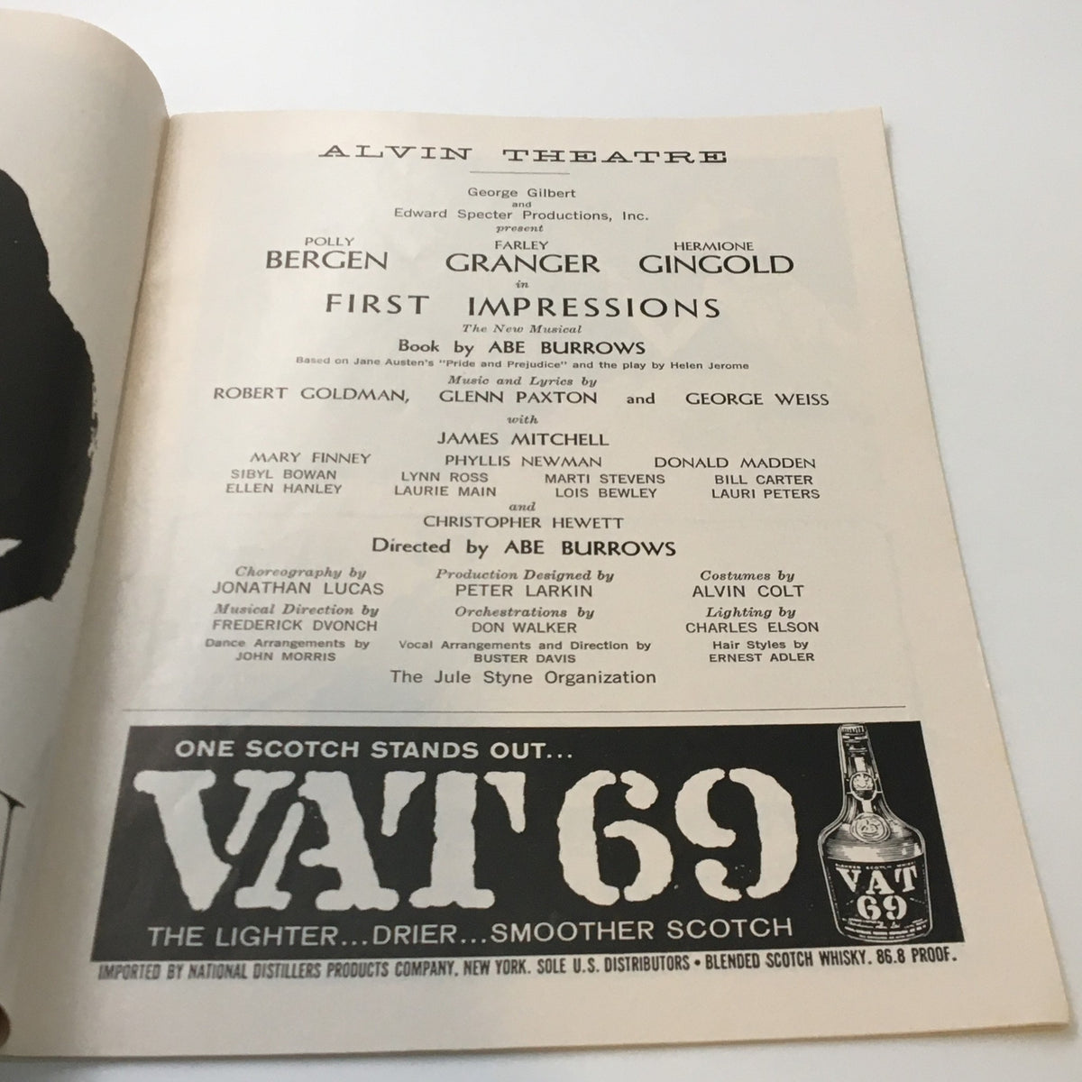 Another inside page of the 1959 Playbill Alvin Theatre for First Impressions, featuring the play's synopsis, additional cast information, and advertisements relevant to the era.