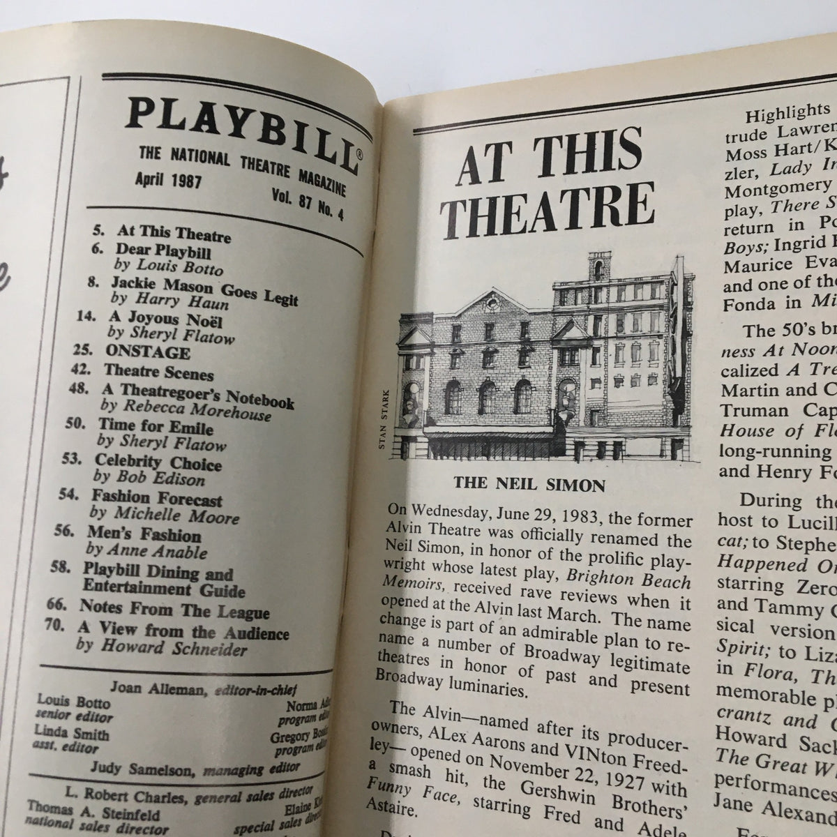 Interior page of the 1987 Playbill for Noel Coward's Blithe Spirit, detailing the contents and featuring a sketch of the Neil Simon Theatre.