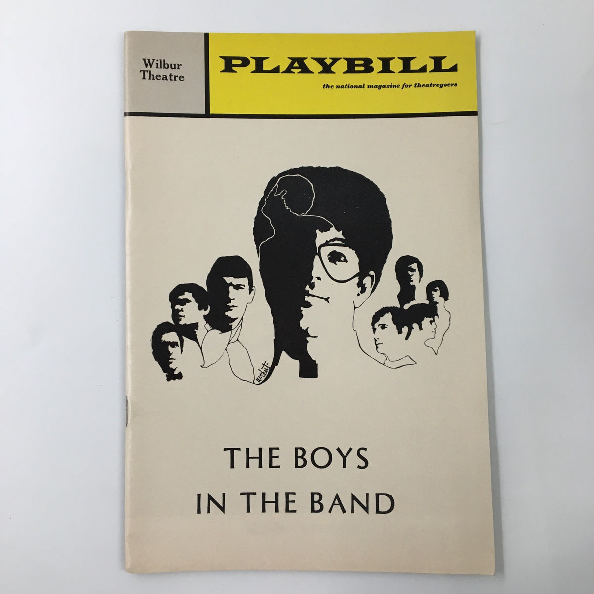 1969 Playbill for The Boys in The Band by Mart Crowley, featuring black and white illustrations of the cast on the cover, published at the Wilbur Theatre.