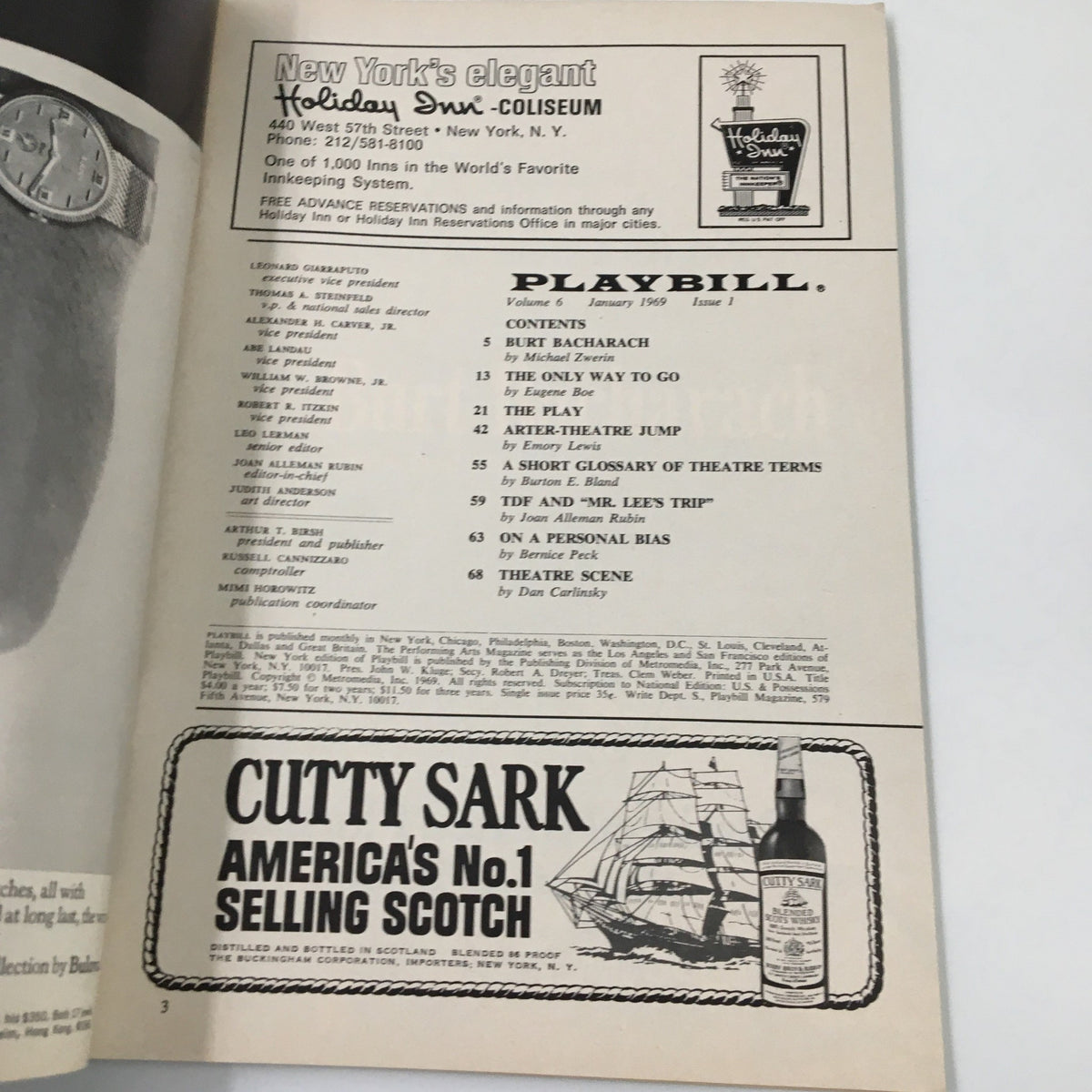 1969 Playbill for Arthur Miller's The Price featuring contents page from the Holiday Savoy Coliseum, showcasing theatrical listings and advertisements.