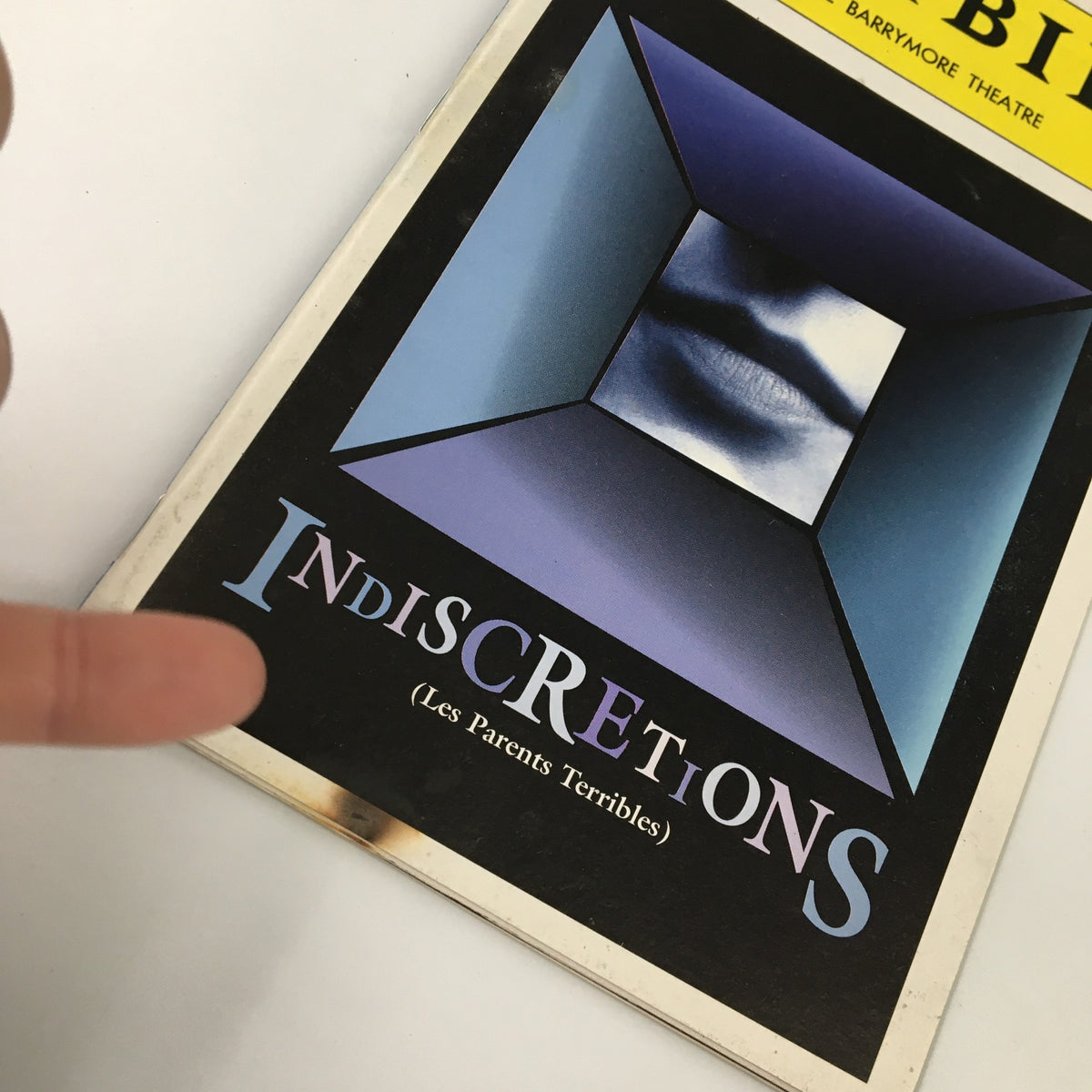 Cover of the 1995 Playbill featuring Indiscretions at Ethel Barrymore Theatre, prominently displaying the title 'Indiscretions' in artistic design.