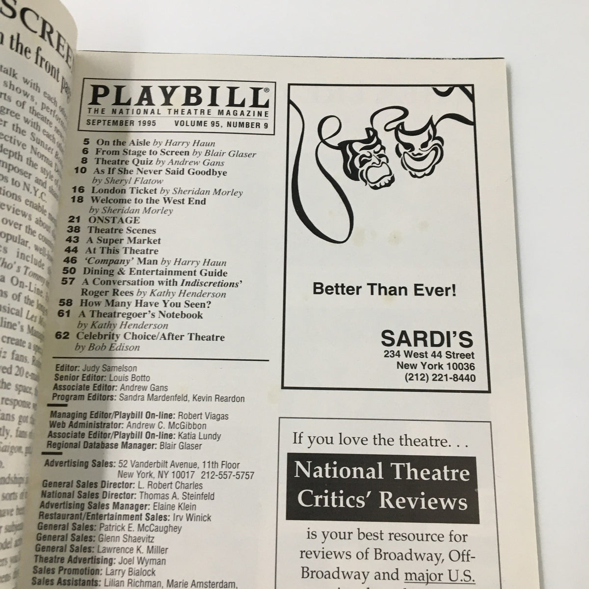 Interior page of the 1995 Playbill for Indiscretions showcasing advertisements and features from the September 1995 edition.