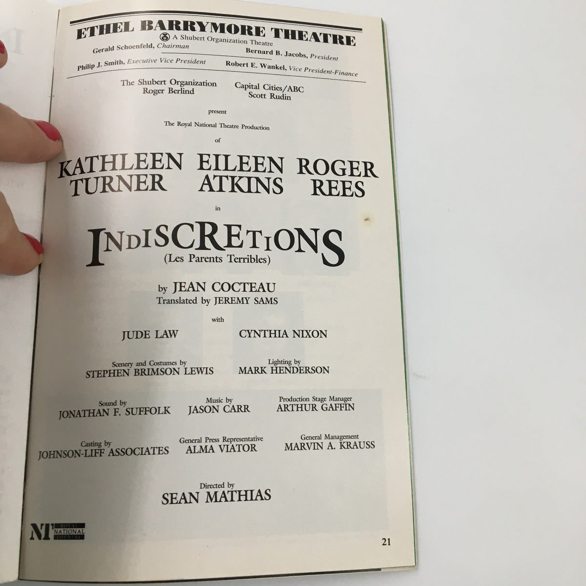 Page from the 1995 Playbill for Indiscretions listing the cast including Kathleen Turner, along with details of the production at Ethel Barrymore Theatre.